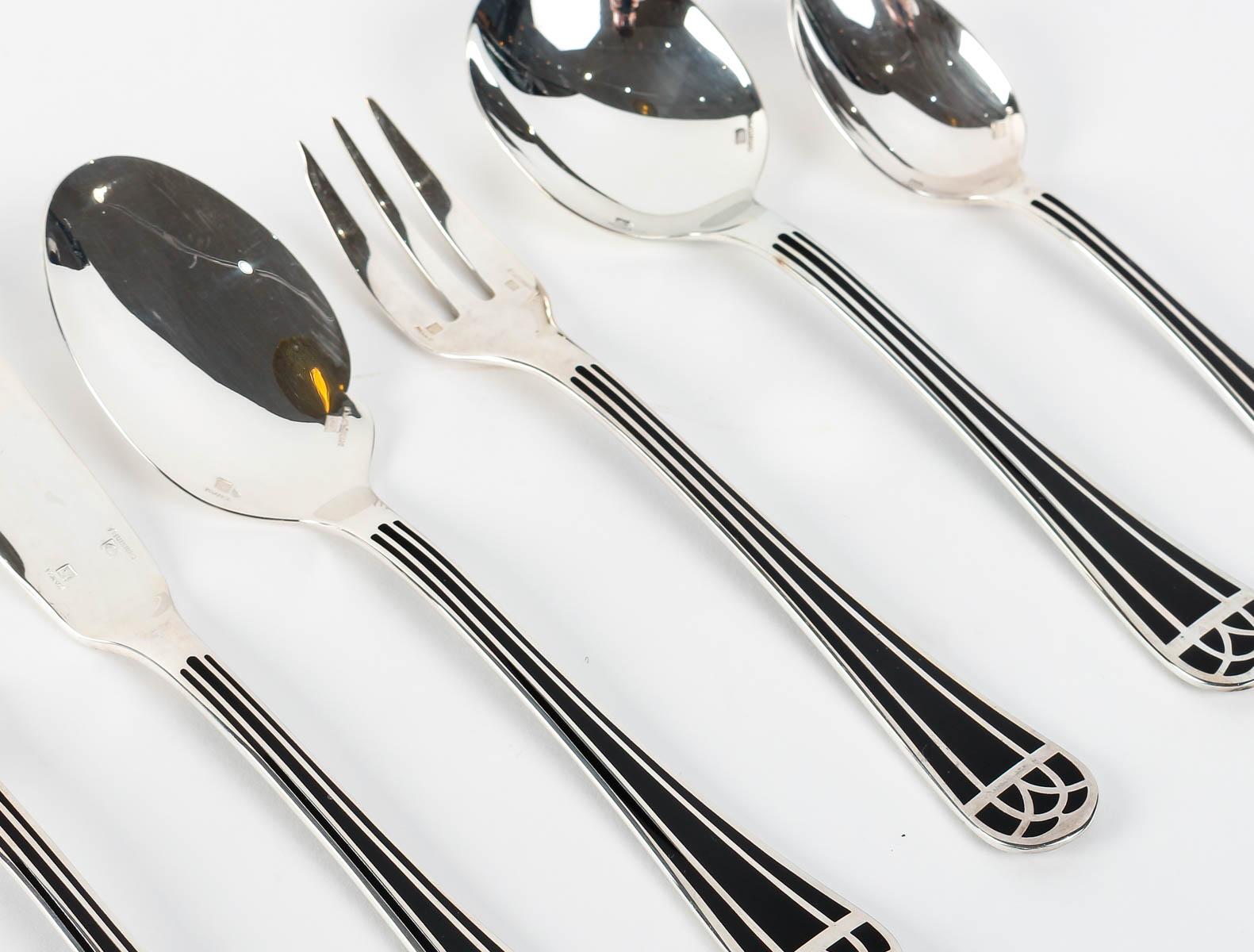 Art Deco Christofle - Flatware Cutlery Set Talisman Plated Silver & Black Lacquer 192 Pcs