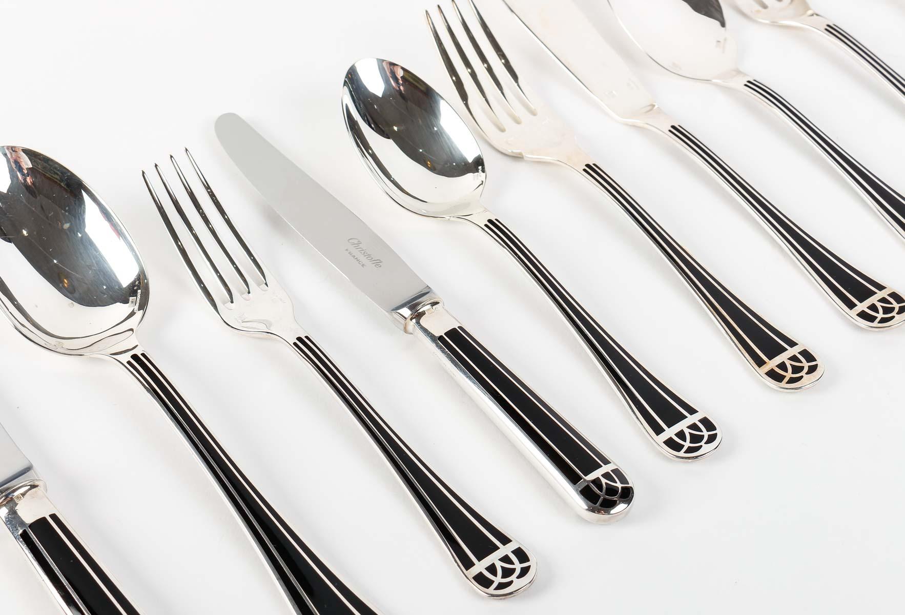 French Christofle - Flatware Cutlery Set Talisman Plated Silver & Black Lacquer 192 Pcs