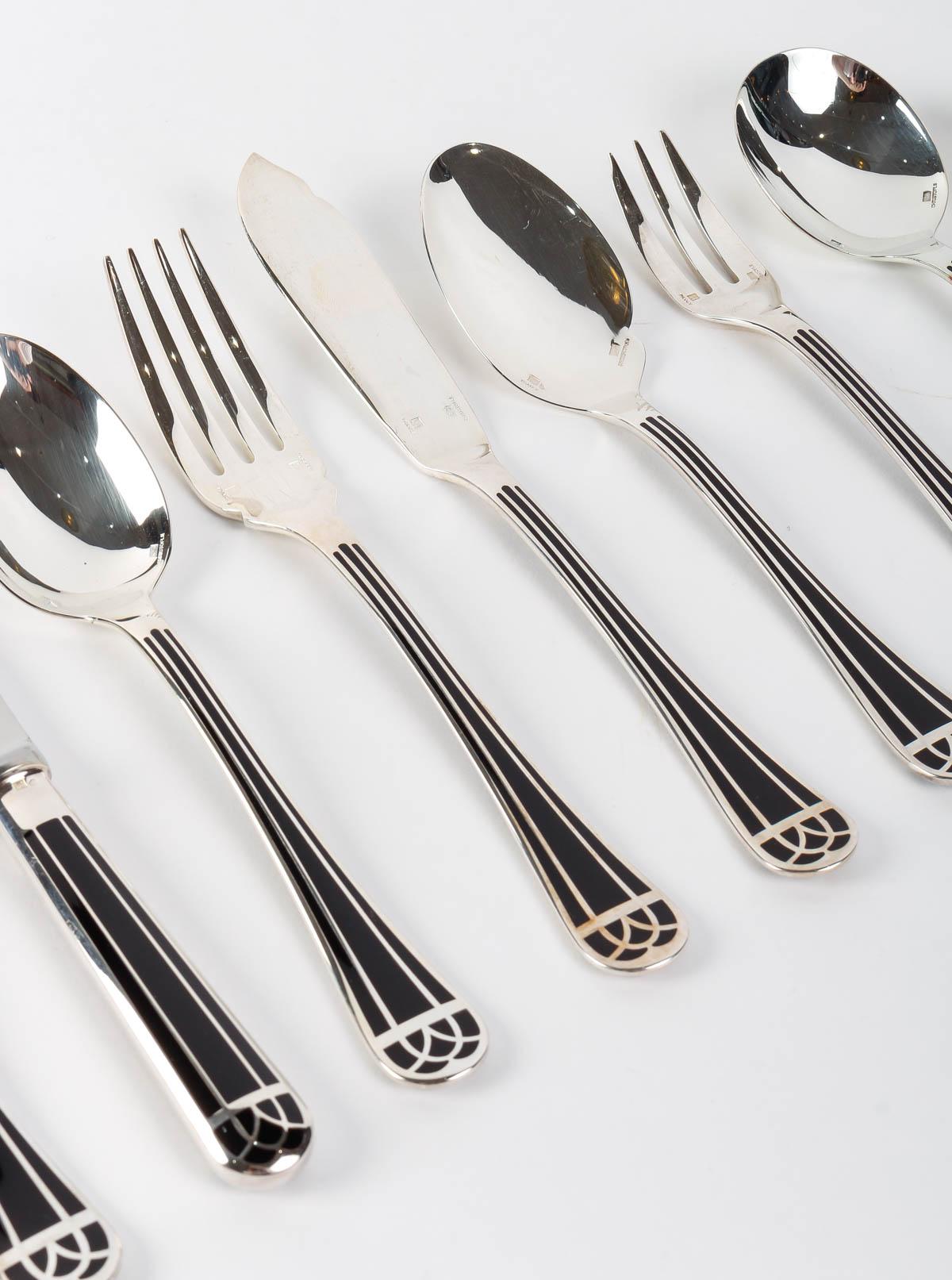 Christofle - Flatware Cutlery Set Talisman Plated Silver & Black Lacquer 192 Pcs In Good Condition In Boulogne Billancourt, FR