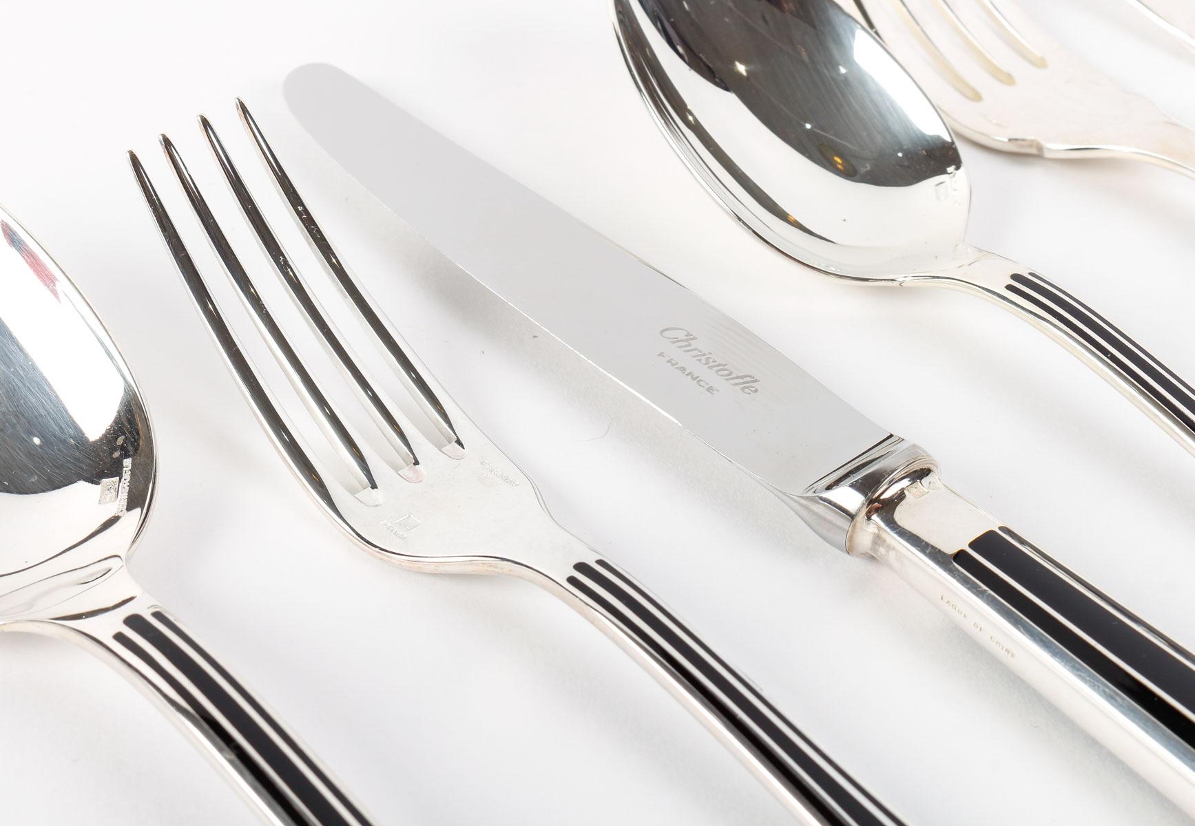 20th Century Christofle - Flatware Cutlery Set Talisman Plated Silver & Black Lacquer 192 Pcs