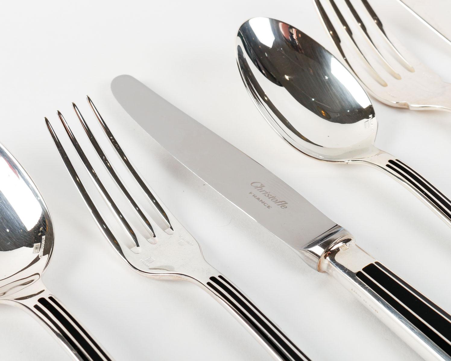 Silver Plate Christofle - Flatware Cutlery Set Talisman Plated Silver & Black Lacquer 192 Pcs
