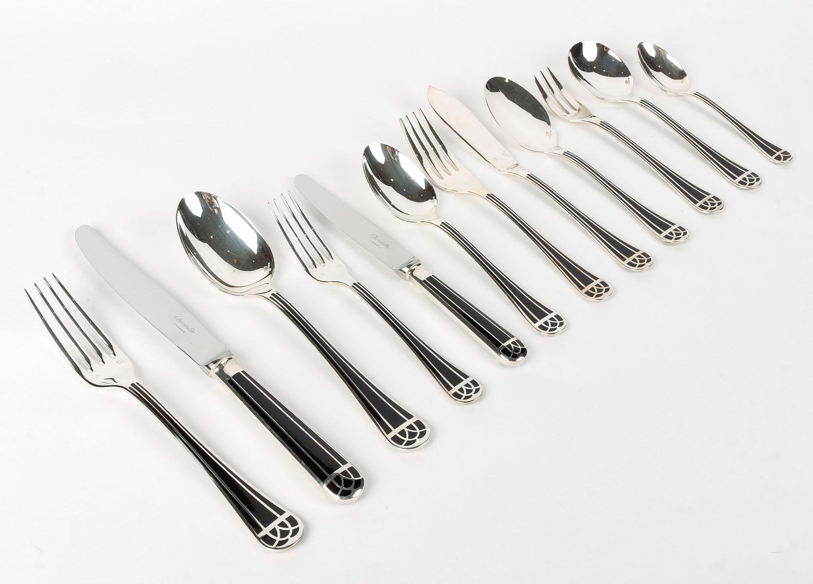 Christofle - Flatware Cutlery Set Talisman Plated Silver & Black Lacquer 192 Pcs 1