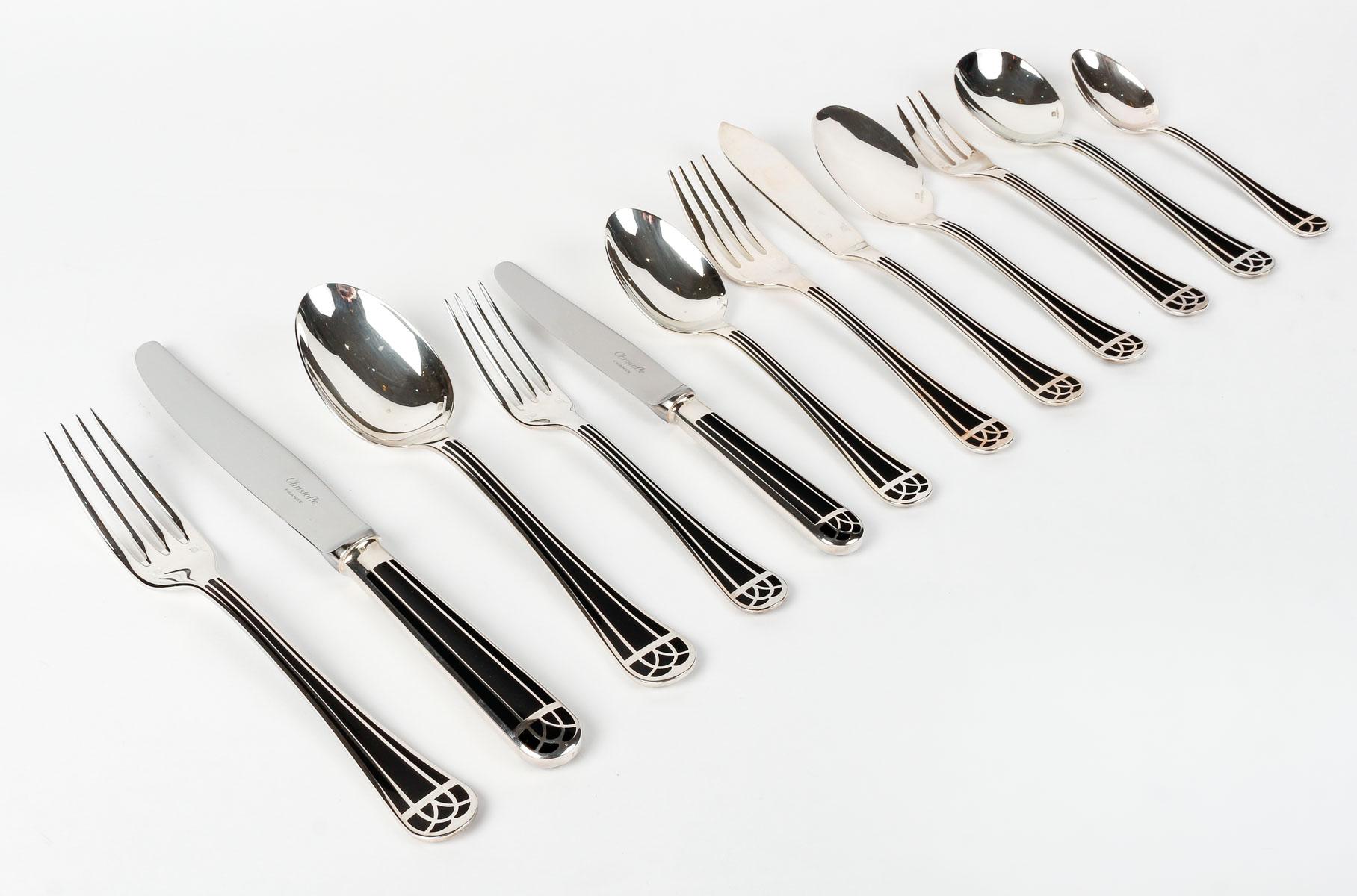 Christofle - Flatware Cutlery Set Talisman Plated Silver & Black Lacquer 192 Pcs 2