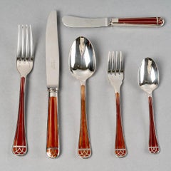 Christofle Flatware Cutlery Set Talisman Plated Silver & Sienna Lacquer 31 Pces
