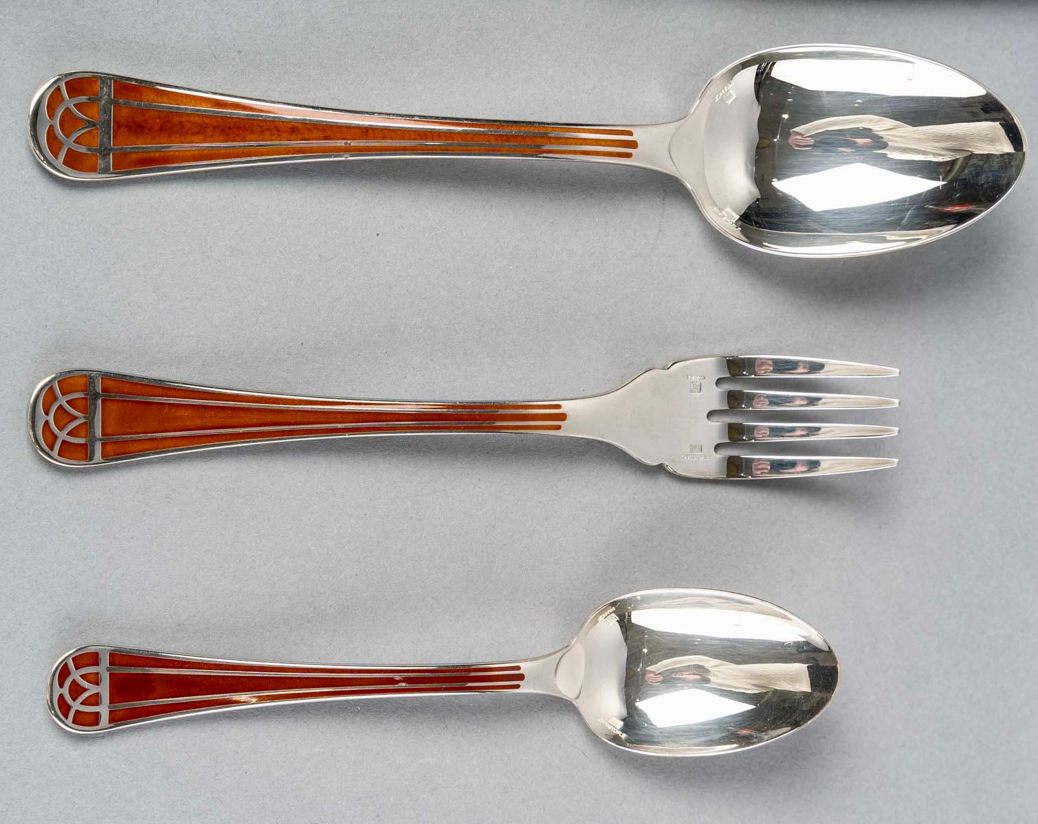 Art Deco Christofle Flatware Cutlery Set Talisman Plated Silver & Sienna Lacquer 31 Pces