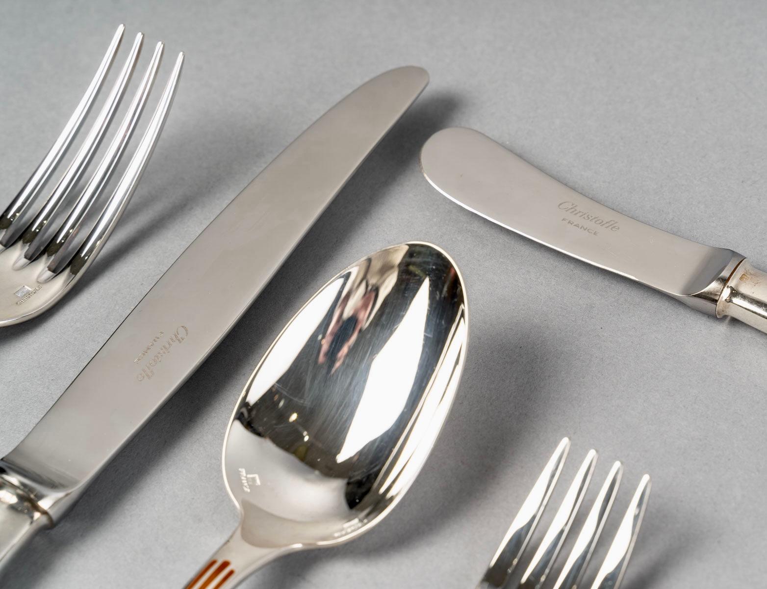 French Christofle Flatware Cutlery Set Talisman Plated Silver & Sienna Lacquer 31 Pces
