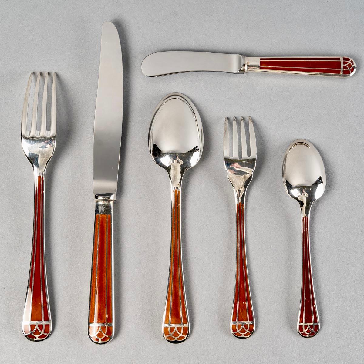 20th Century Christofle Flatware Cutlery Set Talisman Plated Silver & Sienna Lacquer 31 Pces