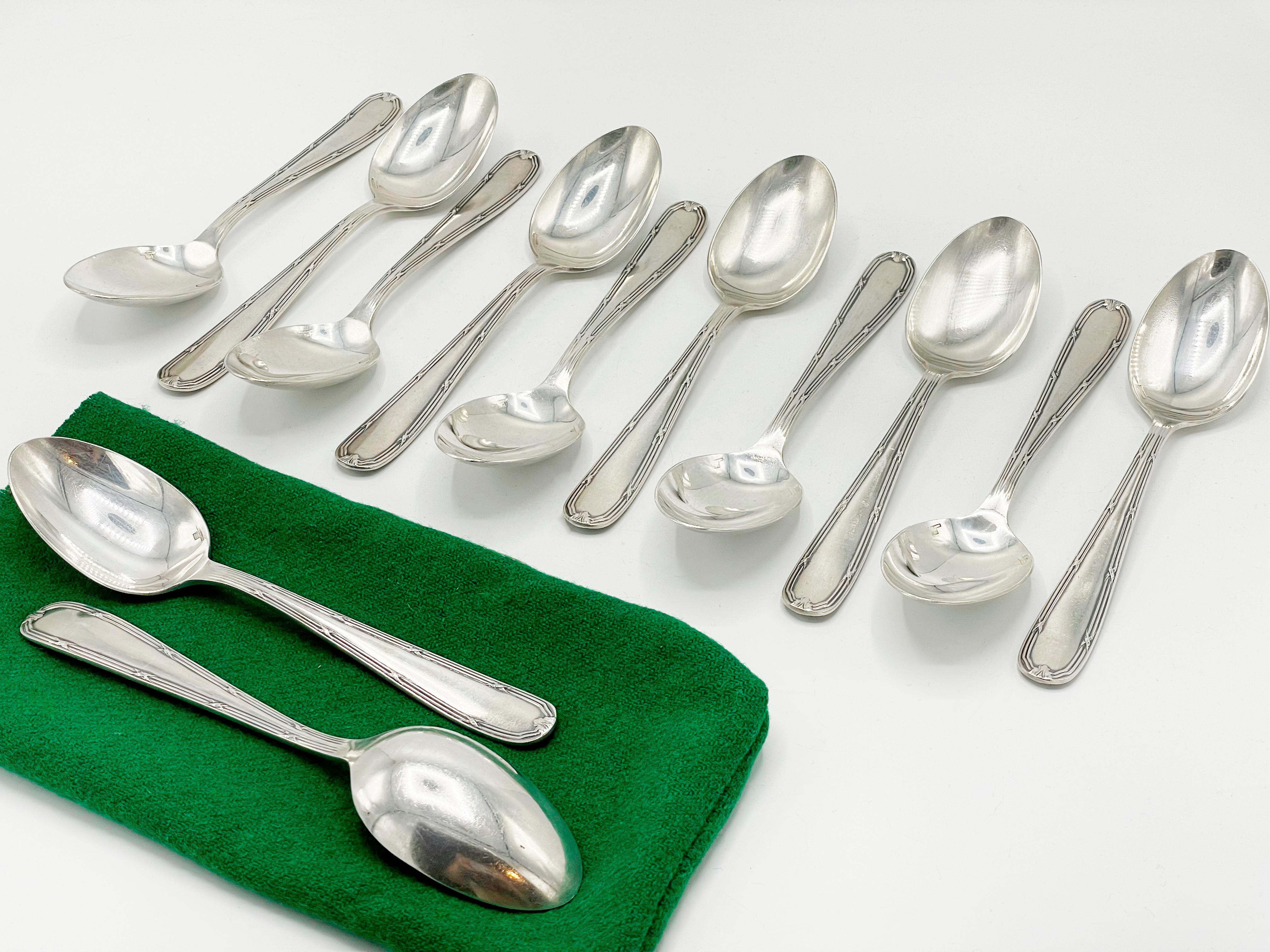 Wonderful Christofle Flatware Service Set 143 pieces in Silverplated
Made in Argentina

Total 143 Pieces Table Cutlery Set:

12 Forks Dinner - 21 centimeters
12 Forks Salad  - 17.5 centimeters
12 Forks Fish - 17,5 centimeters
12 Forks Shirmp - 13,5