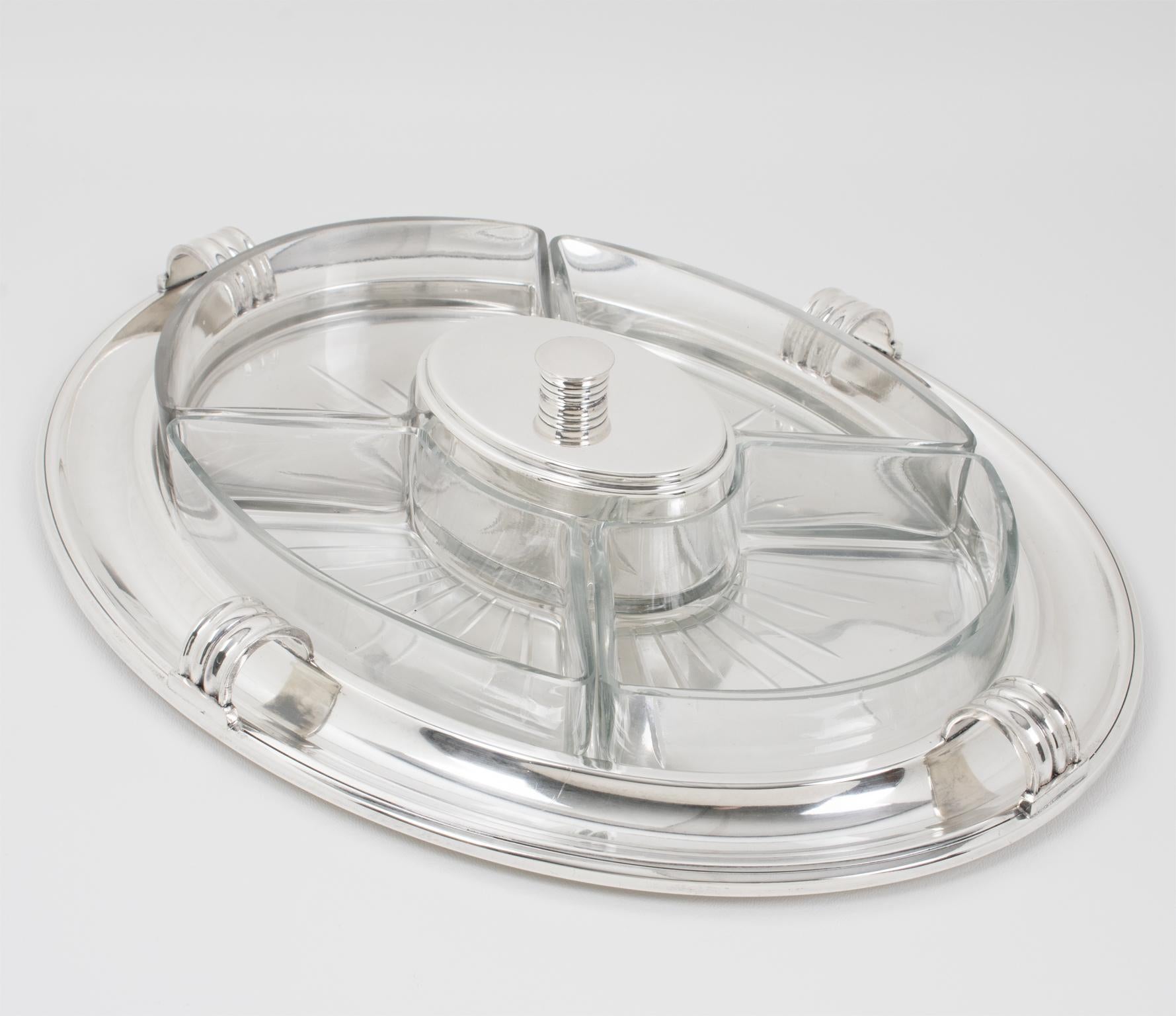 French Christofle for Gallia Art Deco Silver Plate Barware Tray and Crystal Dishes For Sale