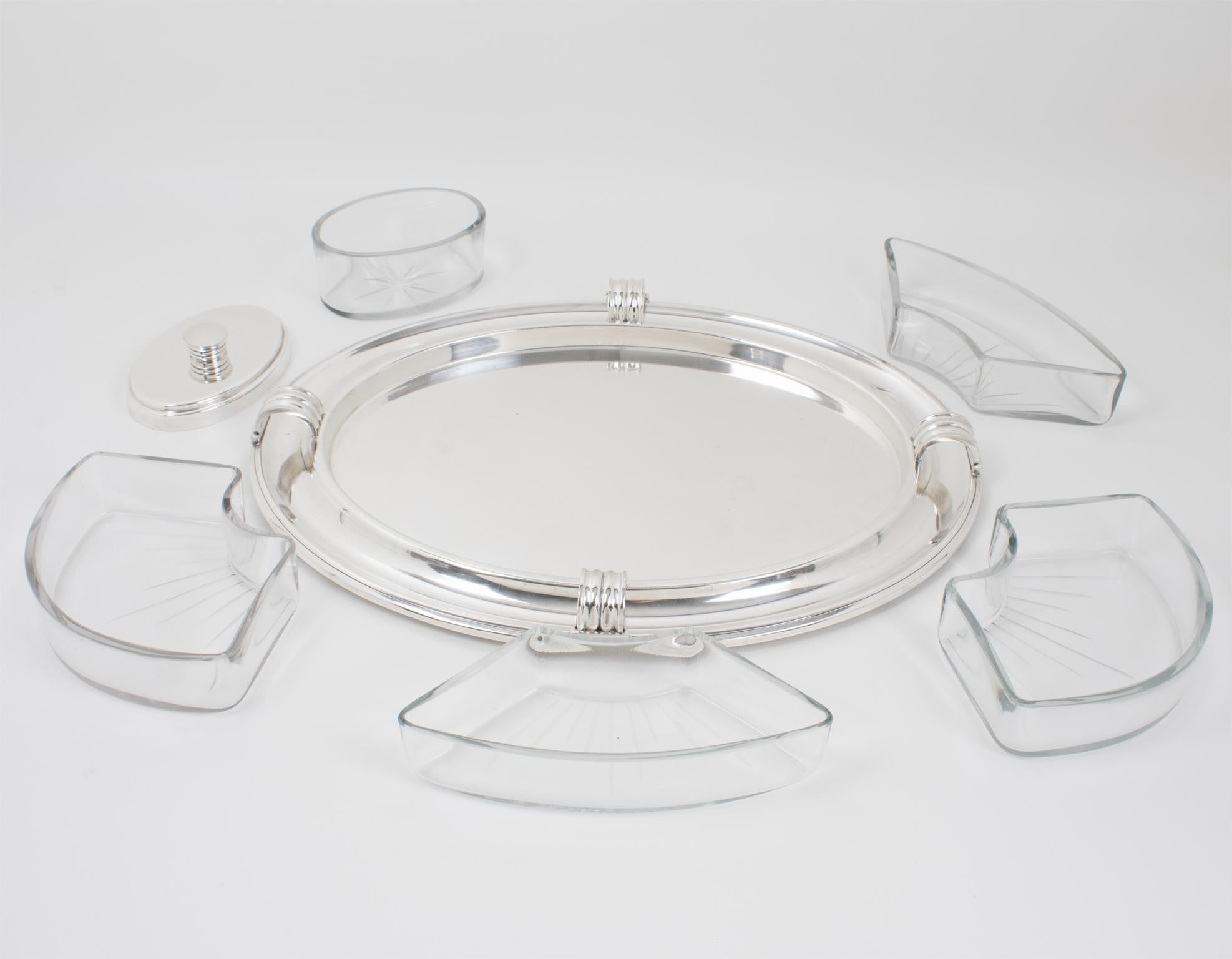 Mid-20th Century Christofle for Gallia Art Deco Silver Plate Barware Tray and Crystal Dishes For Sale