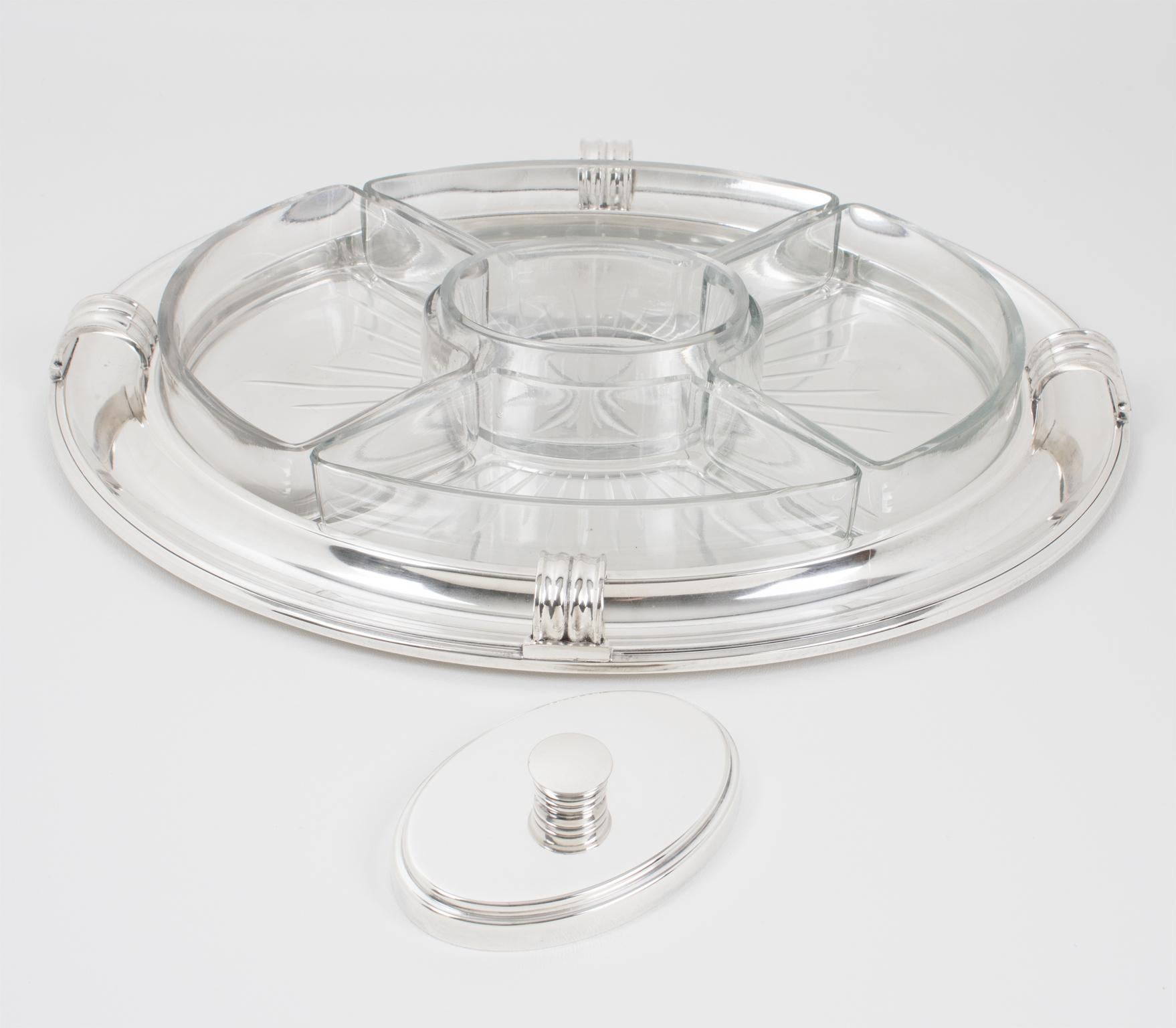 Metal Christofle for Gallia Art Deco Silver Plate Barware Tray and Crystal Dishes For Sale