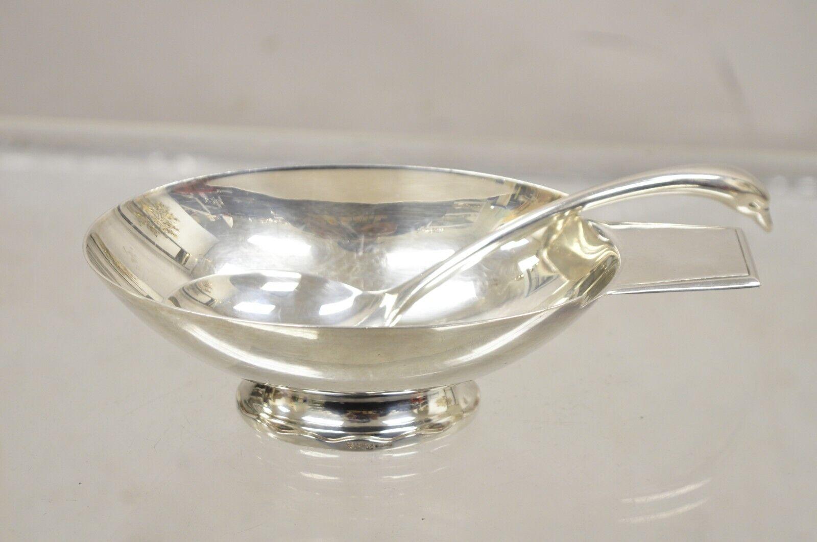 Vintage Christofle France Gallia Silver Plated Figural Gravy Sauce Boat with Swan Spoon Ladle. Circa Mid 20th Century. Measurements: Sauce Boat: 2.5