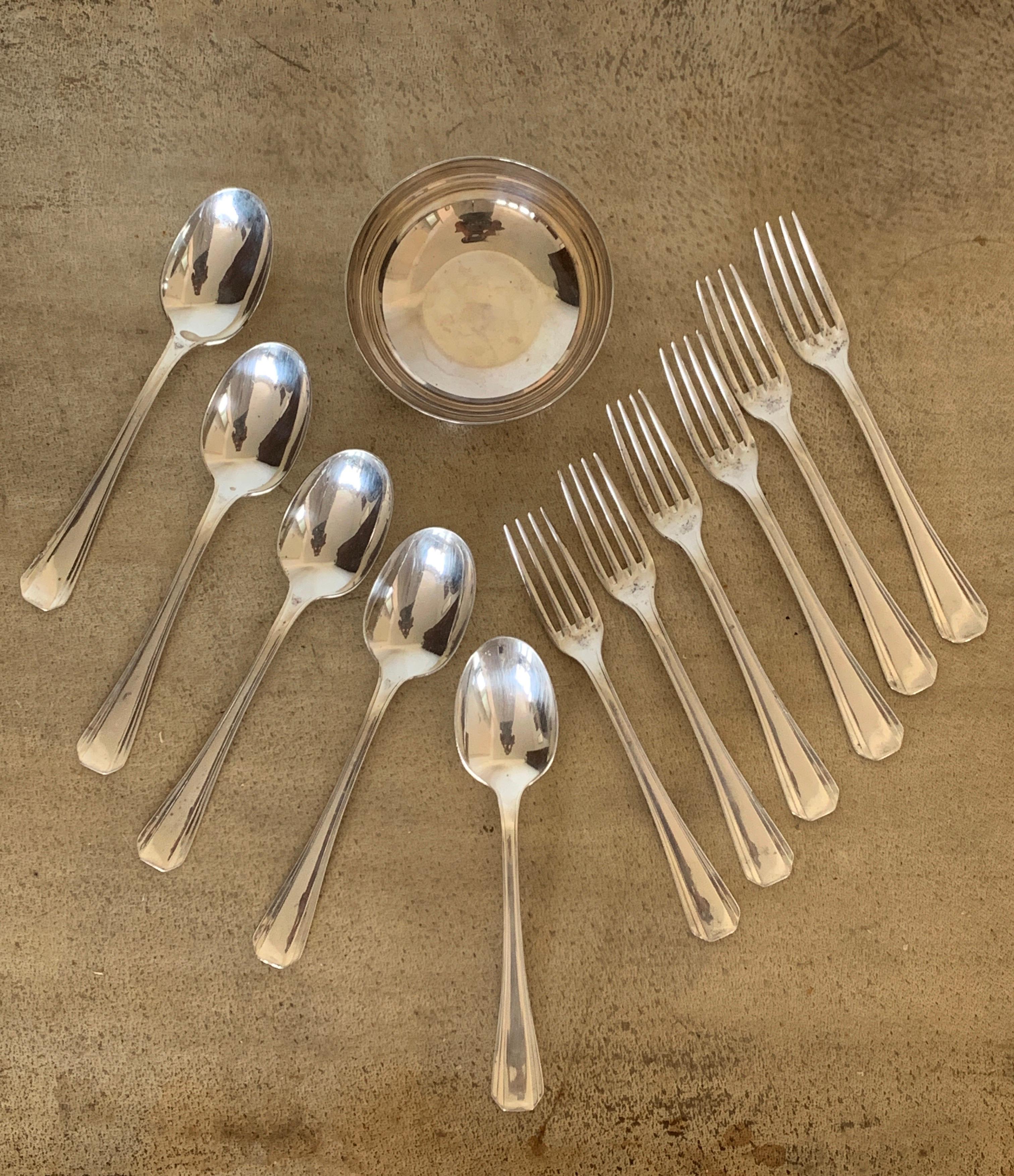 French Christofle France Sterling Silver Art Deco Forks , Spoons and Bowl Set 