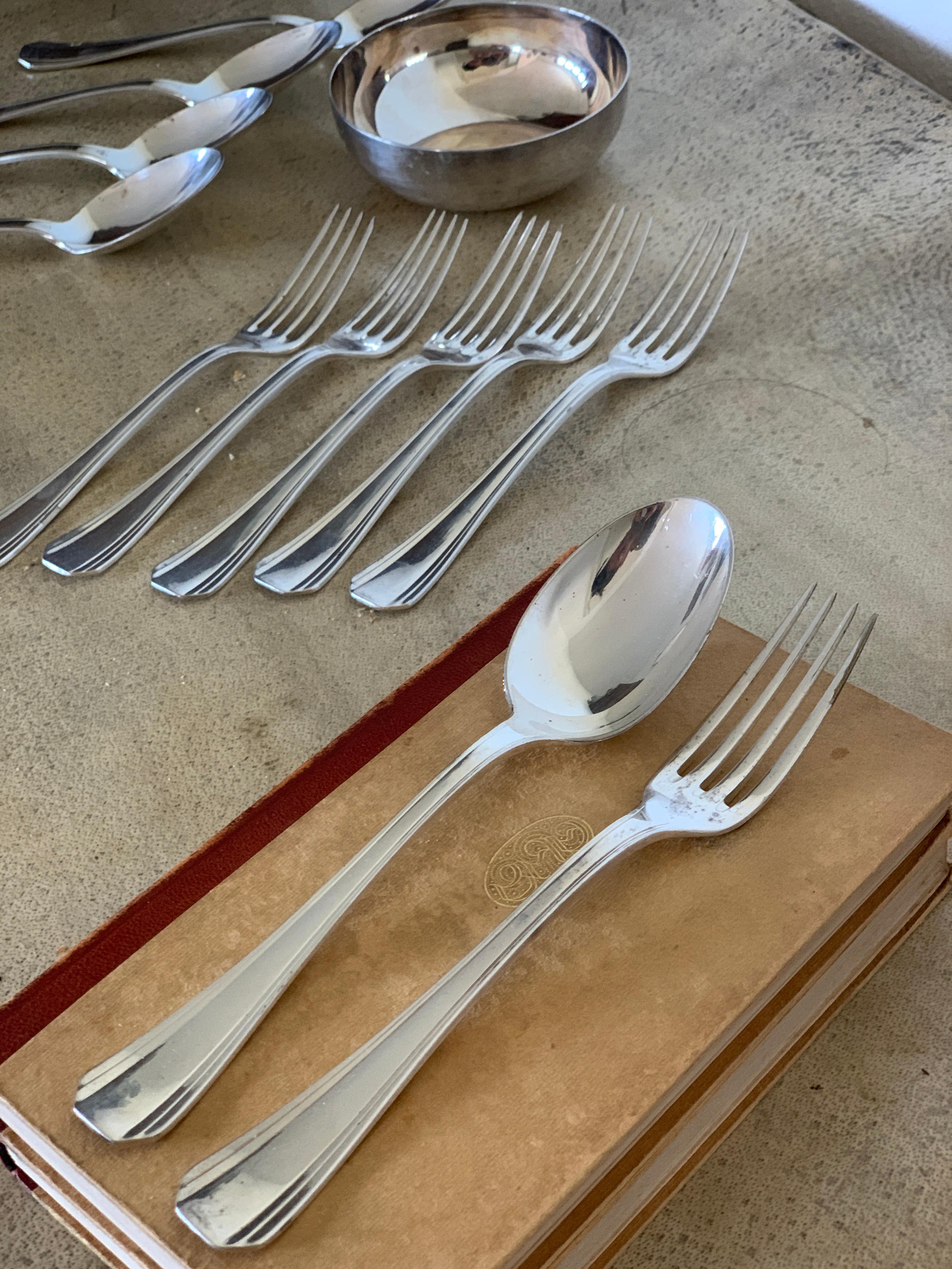 Christofle France Sterling Silver Art Deco Forks , Spoons and Bowl Set  In Good Condition In Sofia, BG