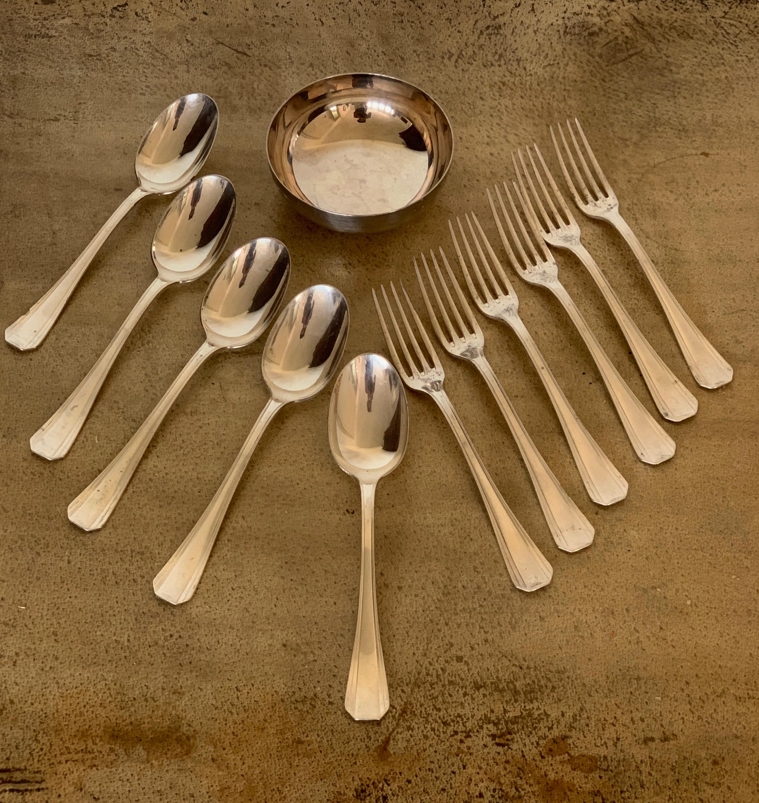 Mid-20th Century Christofle France Sterling Silver Art Deco Forks , Spoons and Bowl Set 