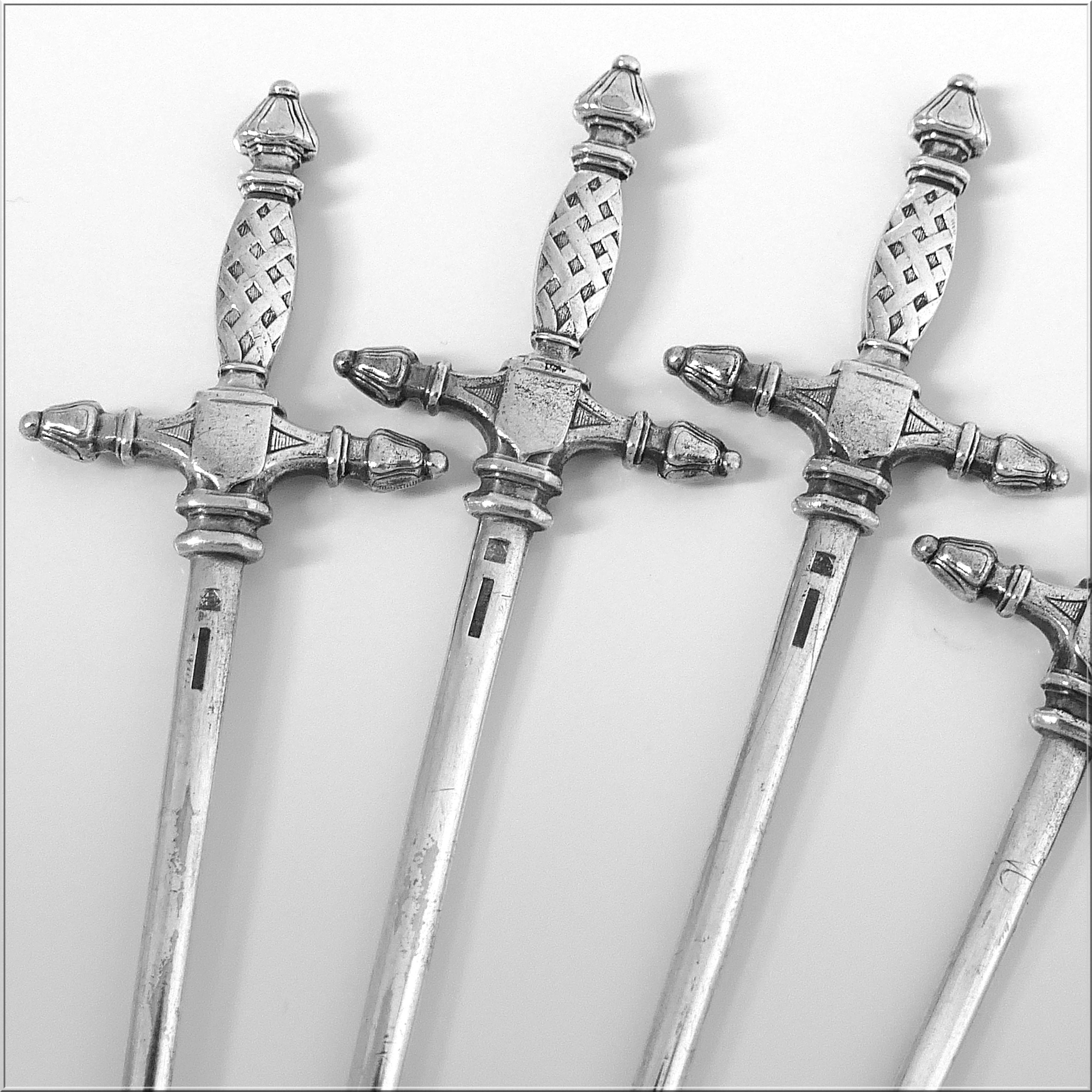 Renaissance Christofle French Silver Aperitif or Cocktail Sticks, Skewers 6-Pc, Sword-Shaped