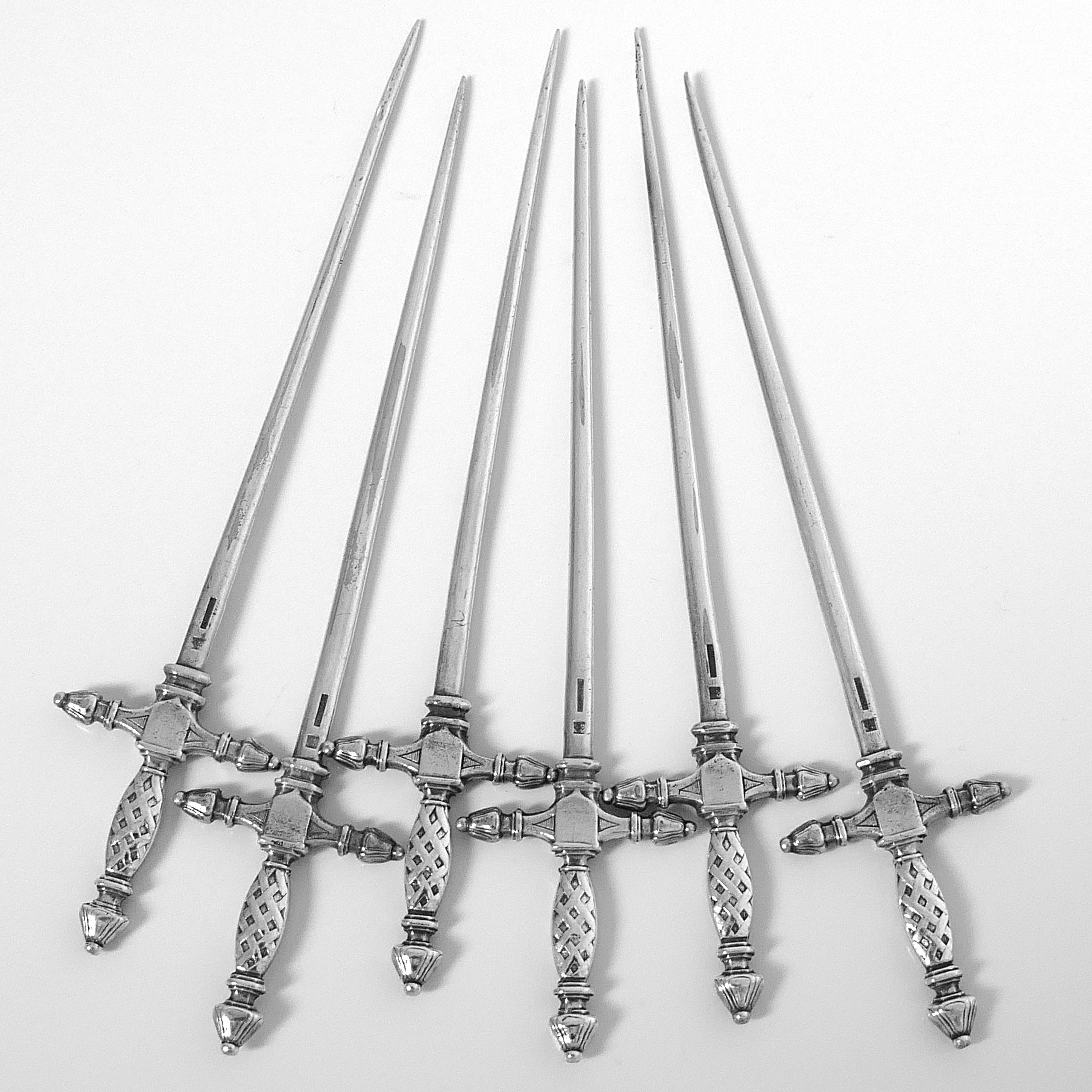Early 20th Century Christofle French Silver Aperitif or Cocktail Sticks, Skewers 6-Pc, Sword-Shaped