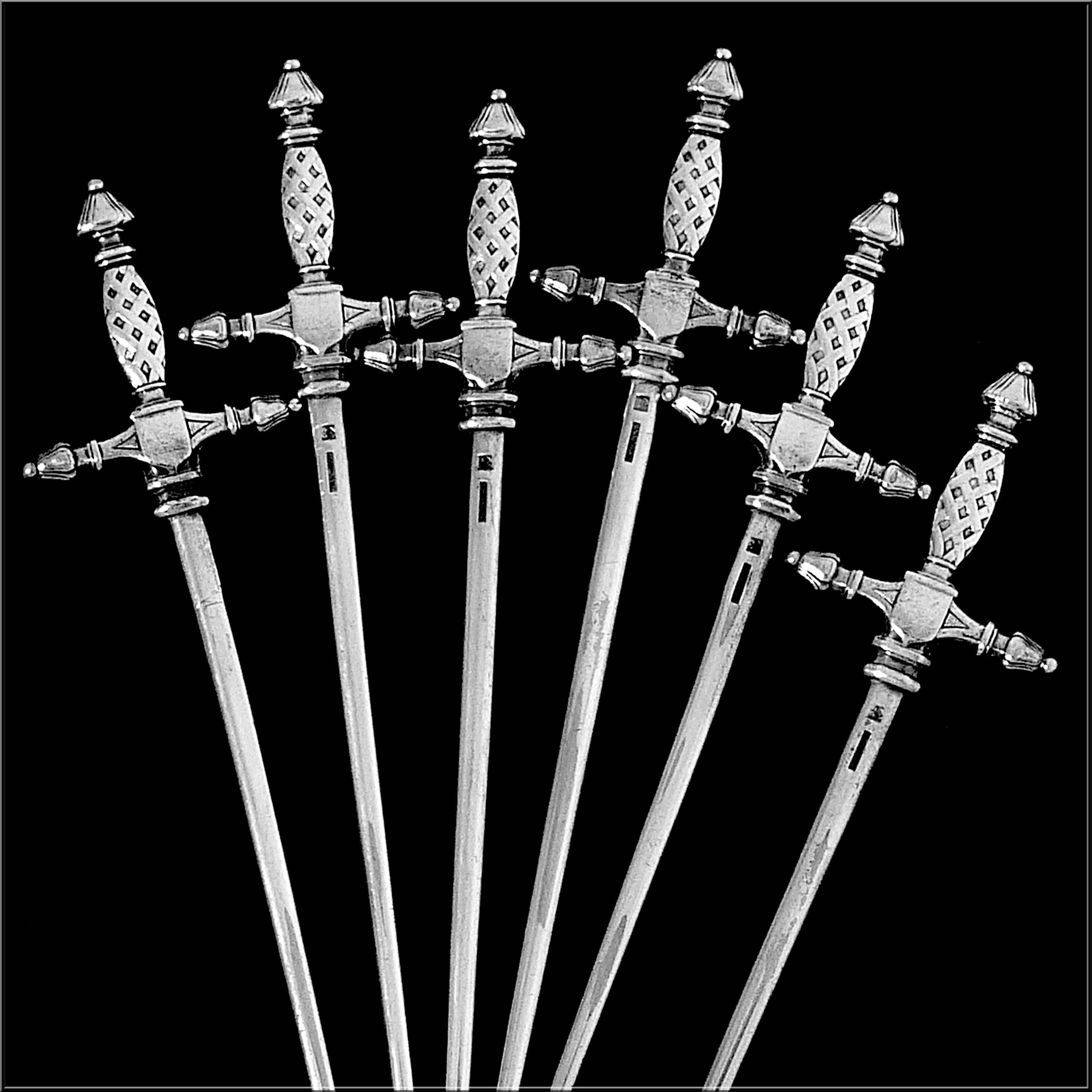 Silver Plate Christofle French Silver Aperitif or Cocktail Sticks, Skewers 6-Pc, Sword-Shaped