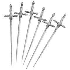 Christofle French Silver Aperitif or Cocktail Sticks, Skewers 6-Pc, Sword-Shaped