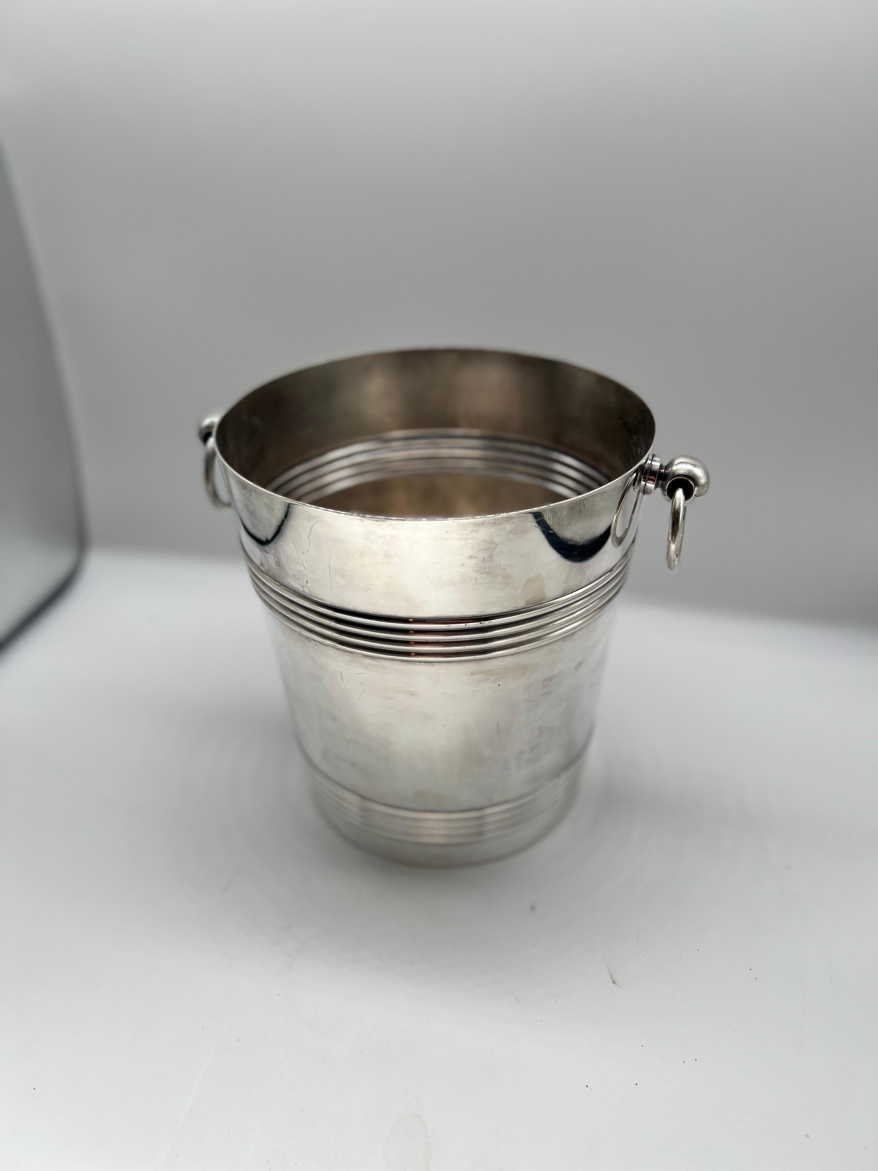 Christofle French Silver Plate Champagne Ice Bucket Wine Cooler Barware. 
A pair of handles affix the sides of the bucket, signed to the bottom. 
