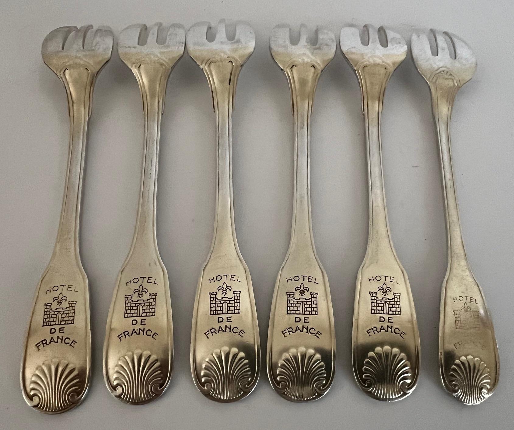Christofle French Silverplate Hotel De France Oyster Forks- Set of 6 For Sale 3