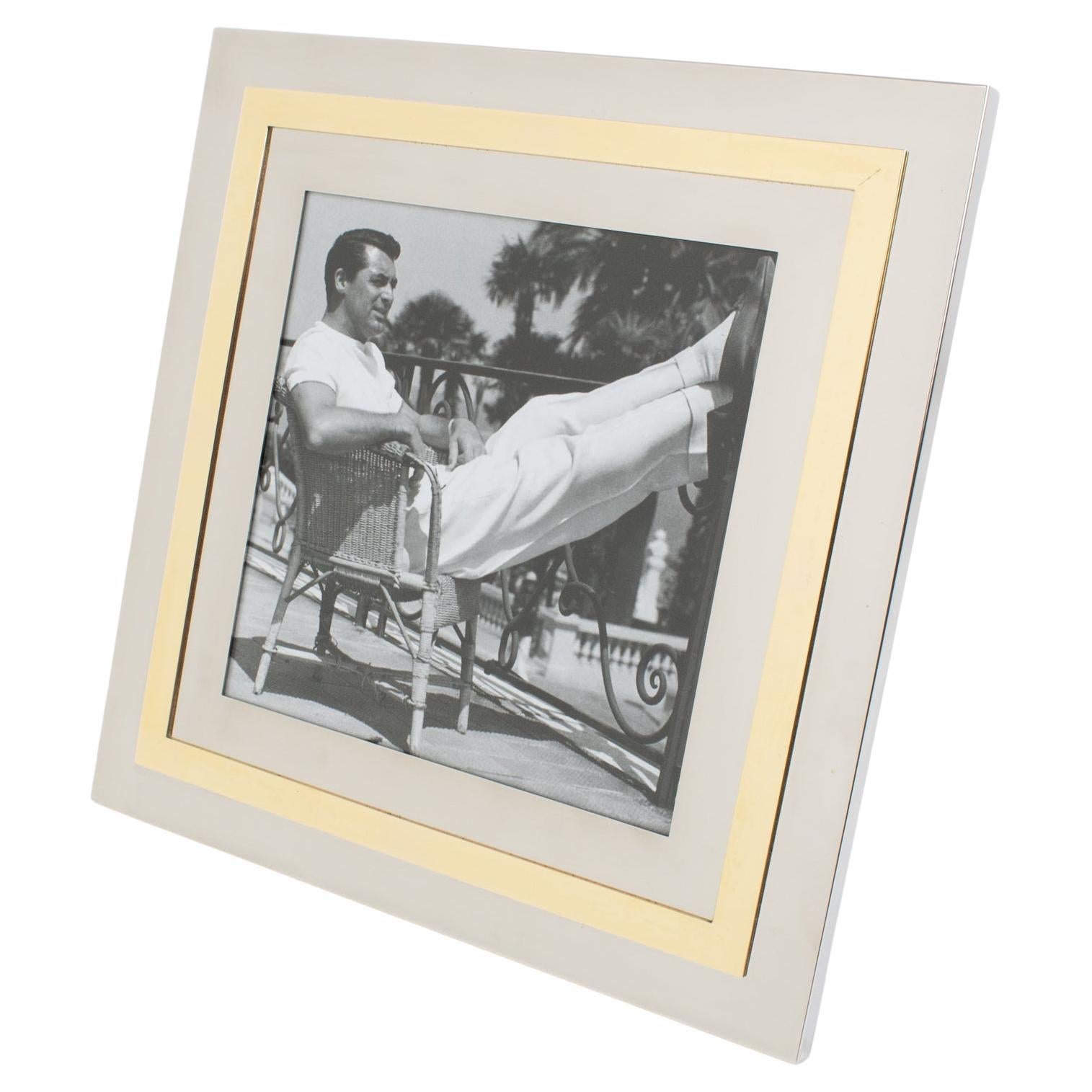 Cadre à photos en laiton doré et chrome de Christofle, vers 1970 en vente