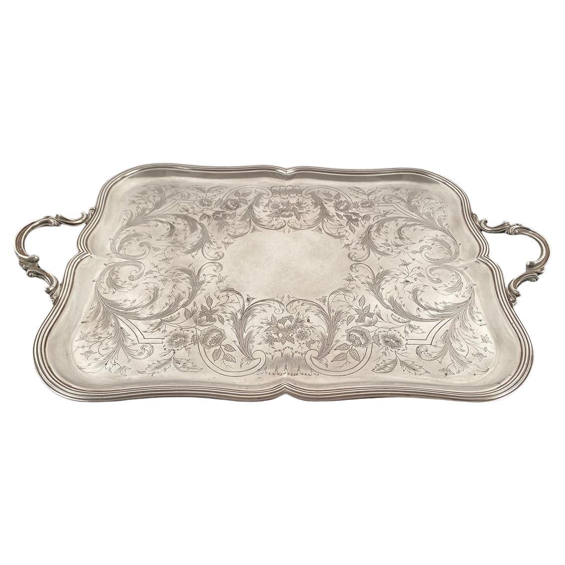 Christofle, grand plateau de service en métal argenté finement ciselé. XIXe