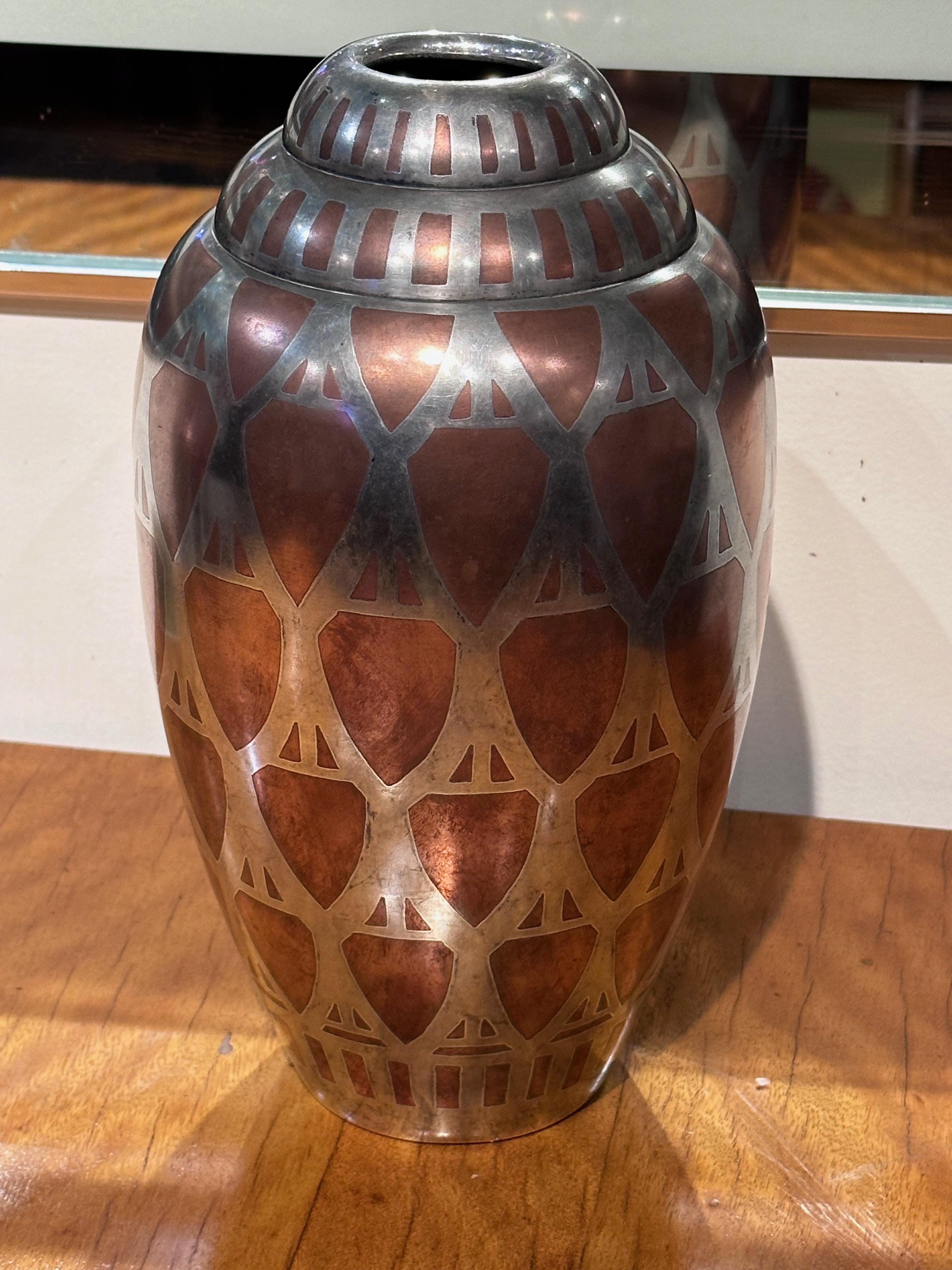 French Christofle Metal Vase bt Luc Lanel Circa 1925 Art Deco For Sale