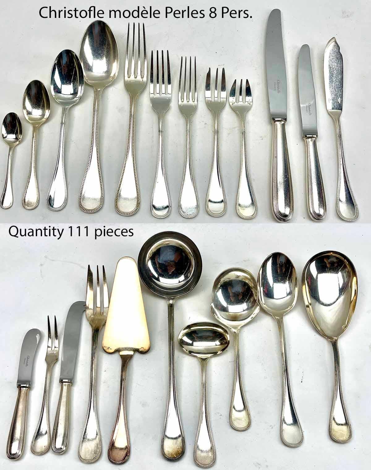 French Christofle Model Perles Flatware Set 111 Pieces, Imperial, in Silverplated  For Sale