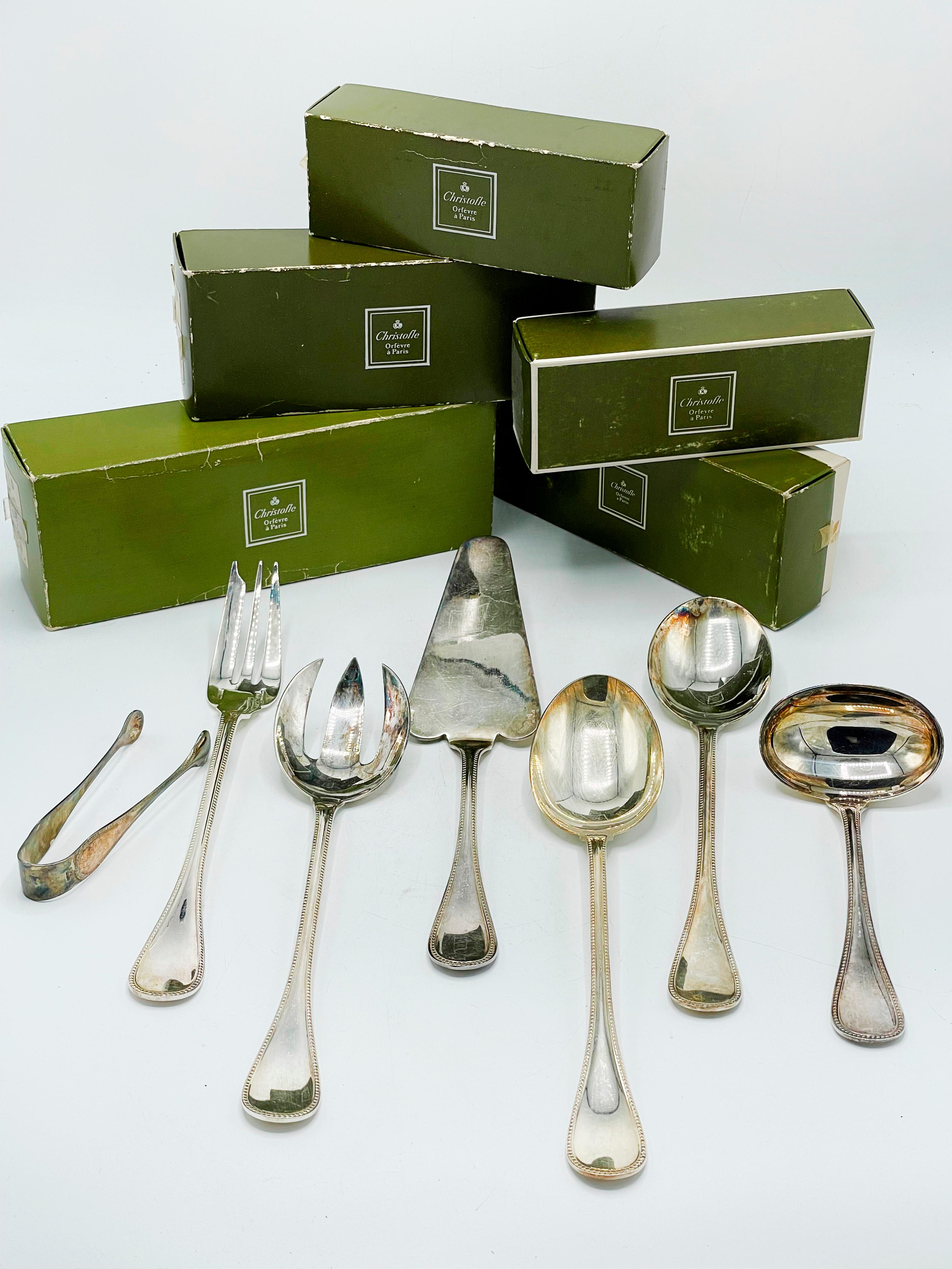 Mid-Century Modern Christofle Model Perles Flatware Set 100 Pieces, Imperial, in Silverplated