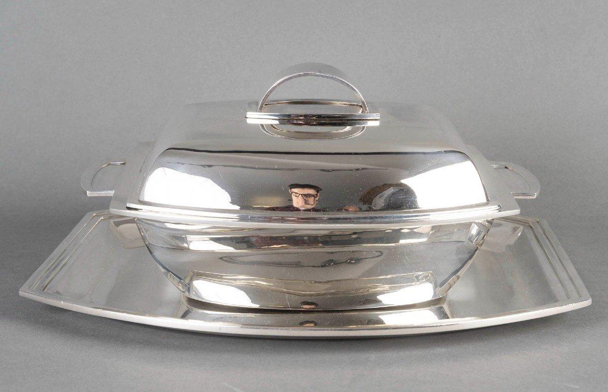 Christofle - Sopera Modernista En Su Bandeja Art Decó De Plata De Ley siglo XX en venta