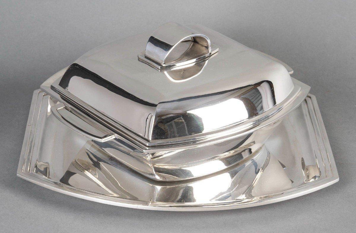 Christofle - Modernist Tureen On Its Art Deco Sterling Silver Tray For Sale 2