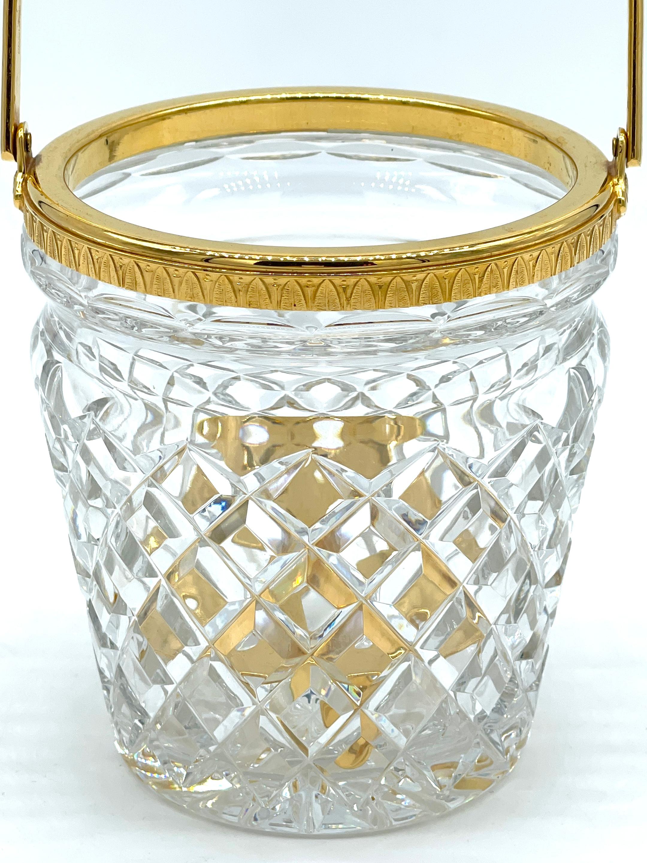 Neoclassical  Christofle Neocalssical Cut Crystal Gold Washed Swing -Handled Ice Bucket For Sale