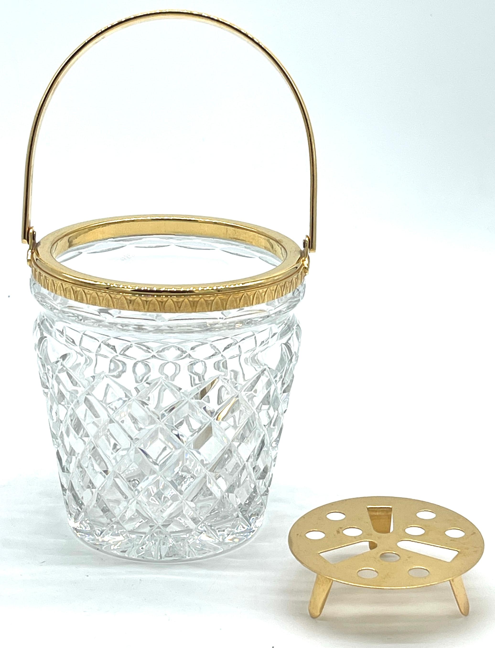 Gilt  Christofle Neocalssical Cut Crystal Gold Washed Swing -Handled Ice Bucket For Sale