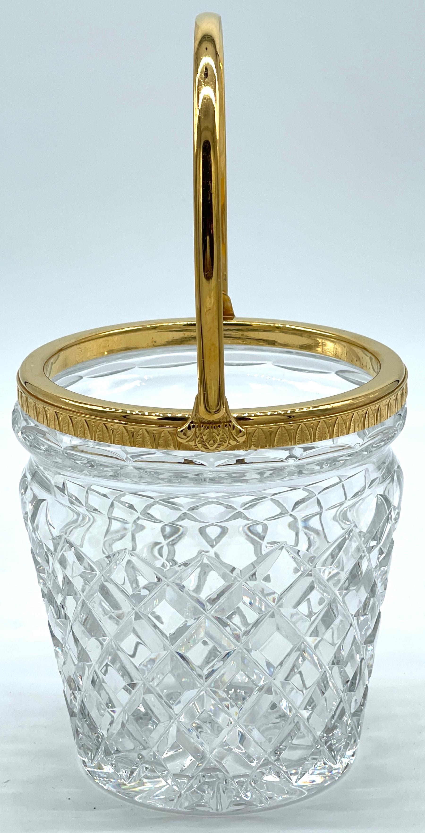  Christofle Neocalssical Cut Crystal Gold Washed Swing -Handled Ice Bucket In Good Condition For Sale In West Palm Beach, FL