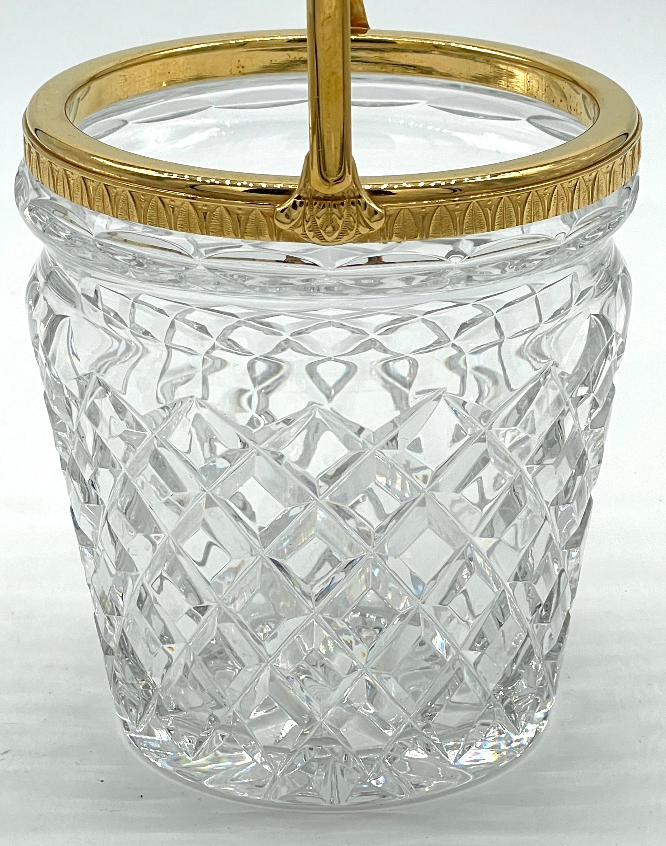 20th Century  Christofle Neocalssical Cut Crystal Gold Washed Swing -Handled Ice Bucket For Sale