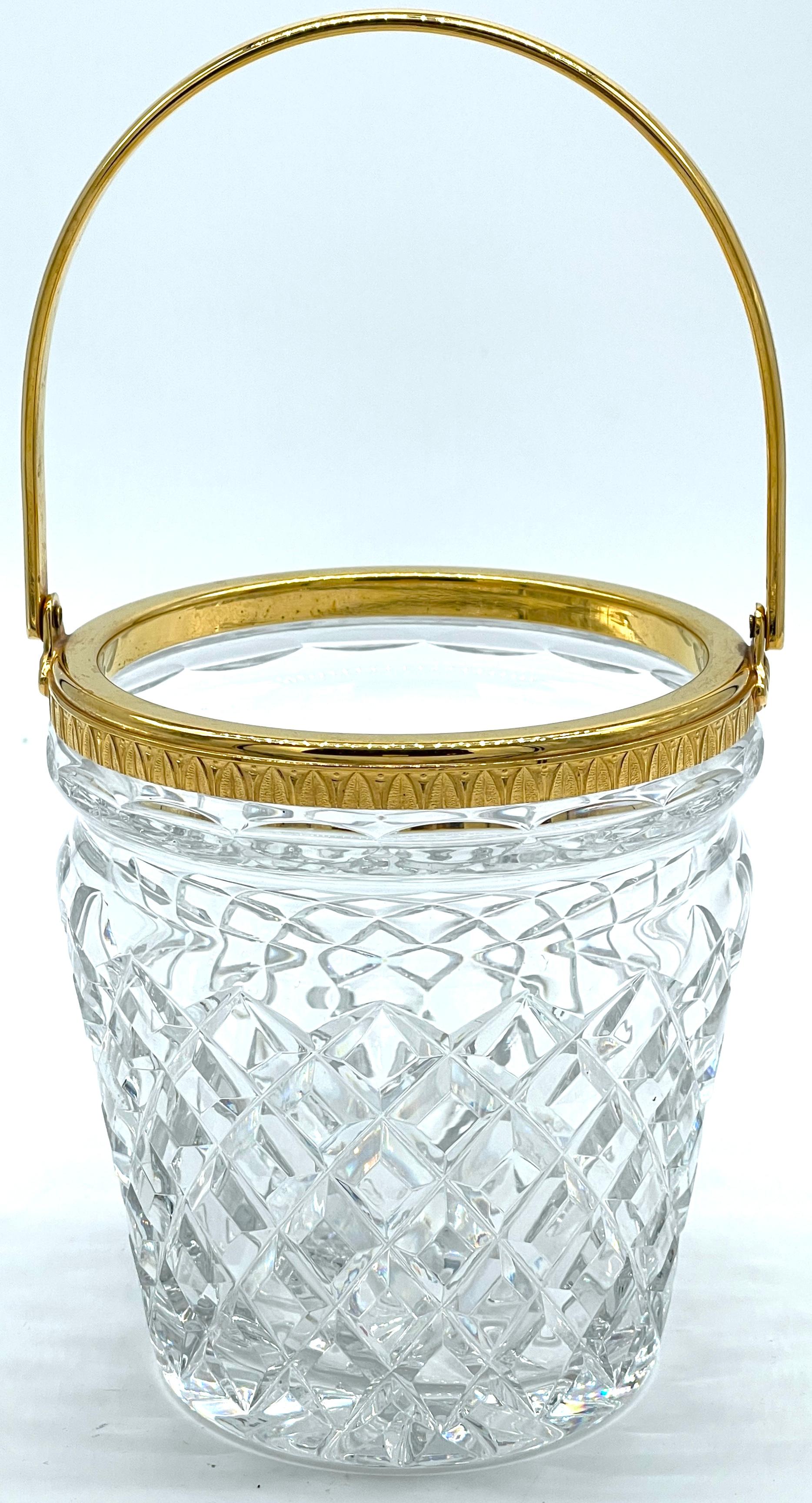  Christofle Neocalssical Cut Crystal Gold Washed Swing -Handled Ice Bucket For Sale 1