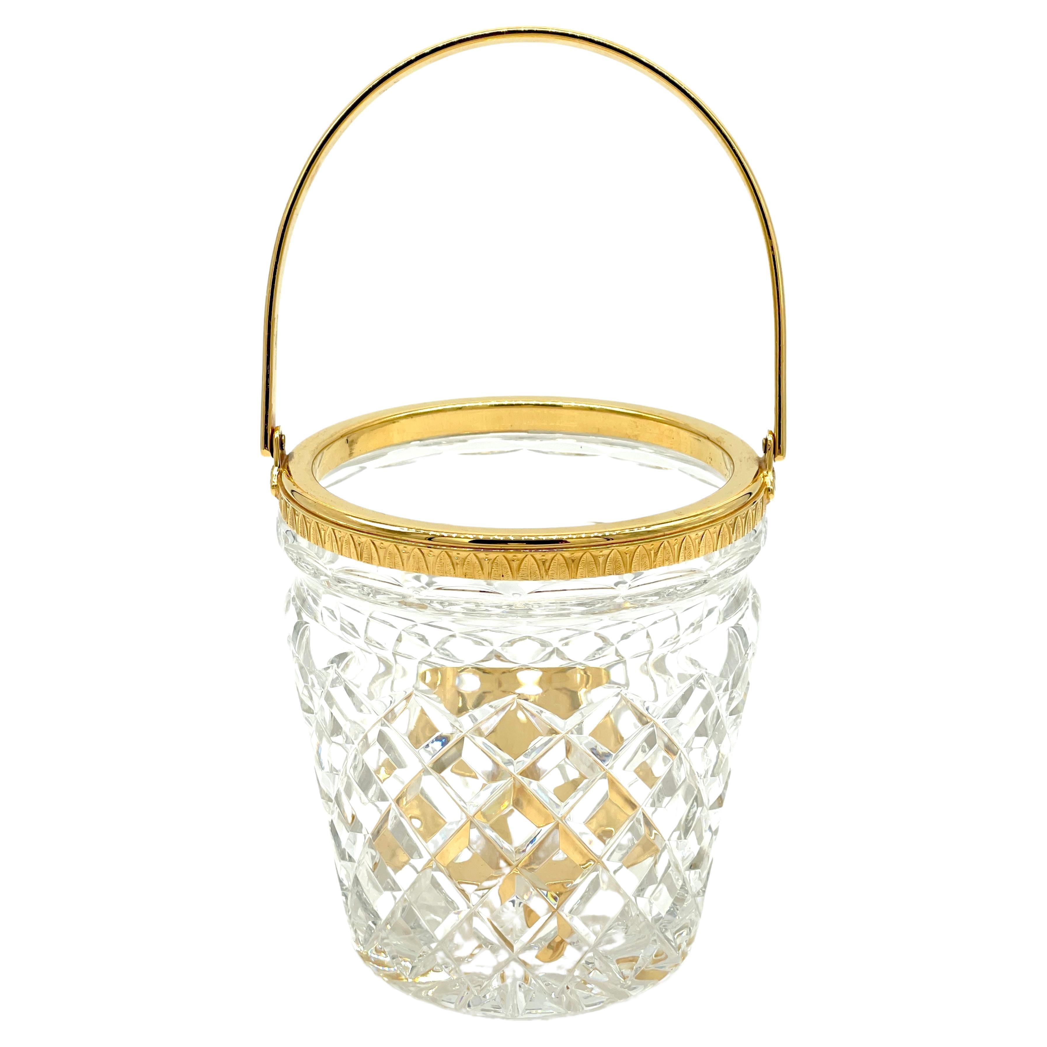  Christofle Neocalssical Cut Crystal Gold Washed Swing -Handled Ice Bucket For Sale