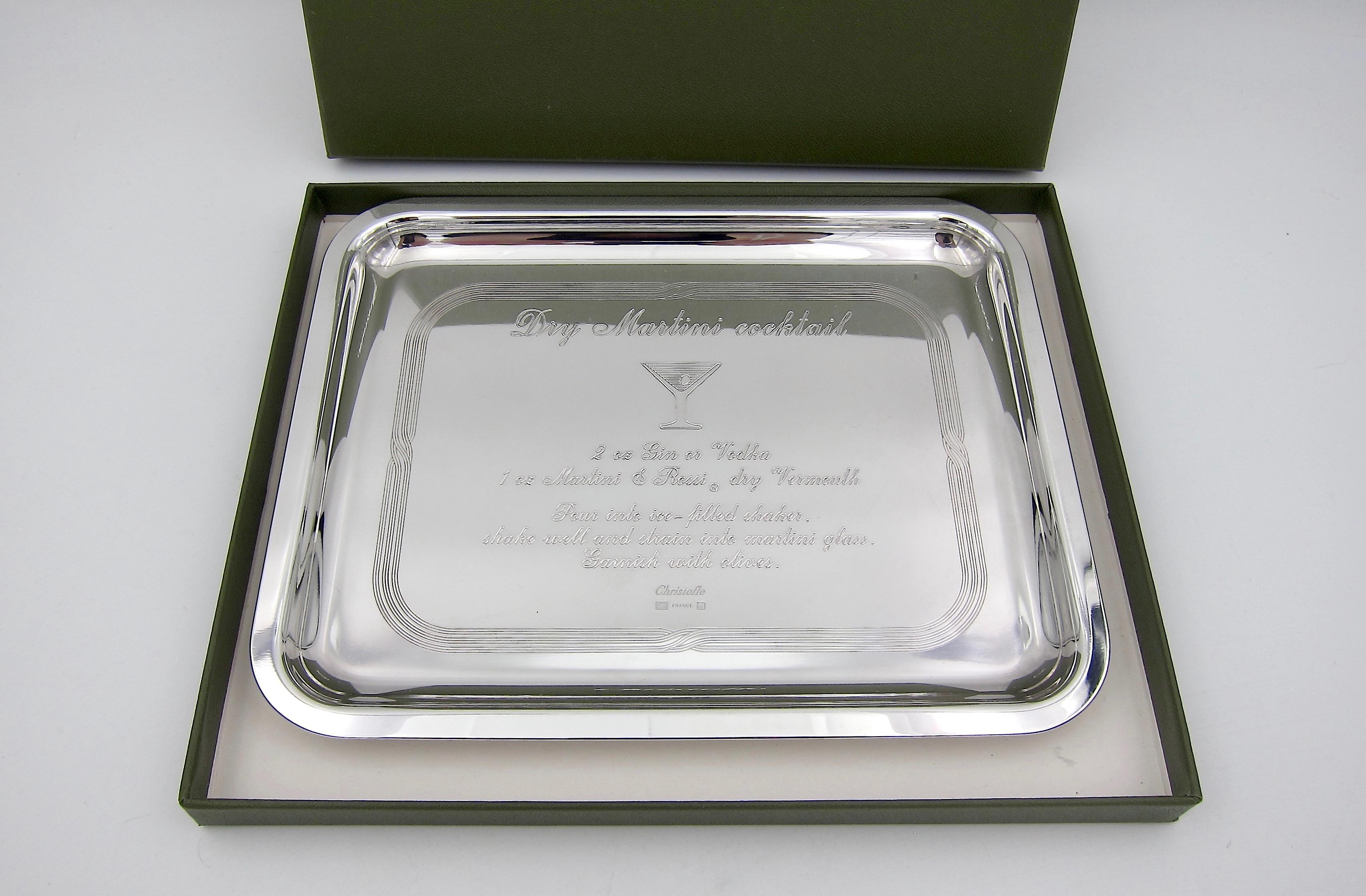 French Christofle of Paris Bar Tray with Engraved Dry Martini Cocktail Recipe