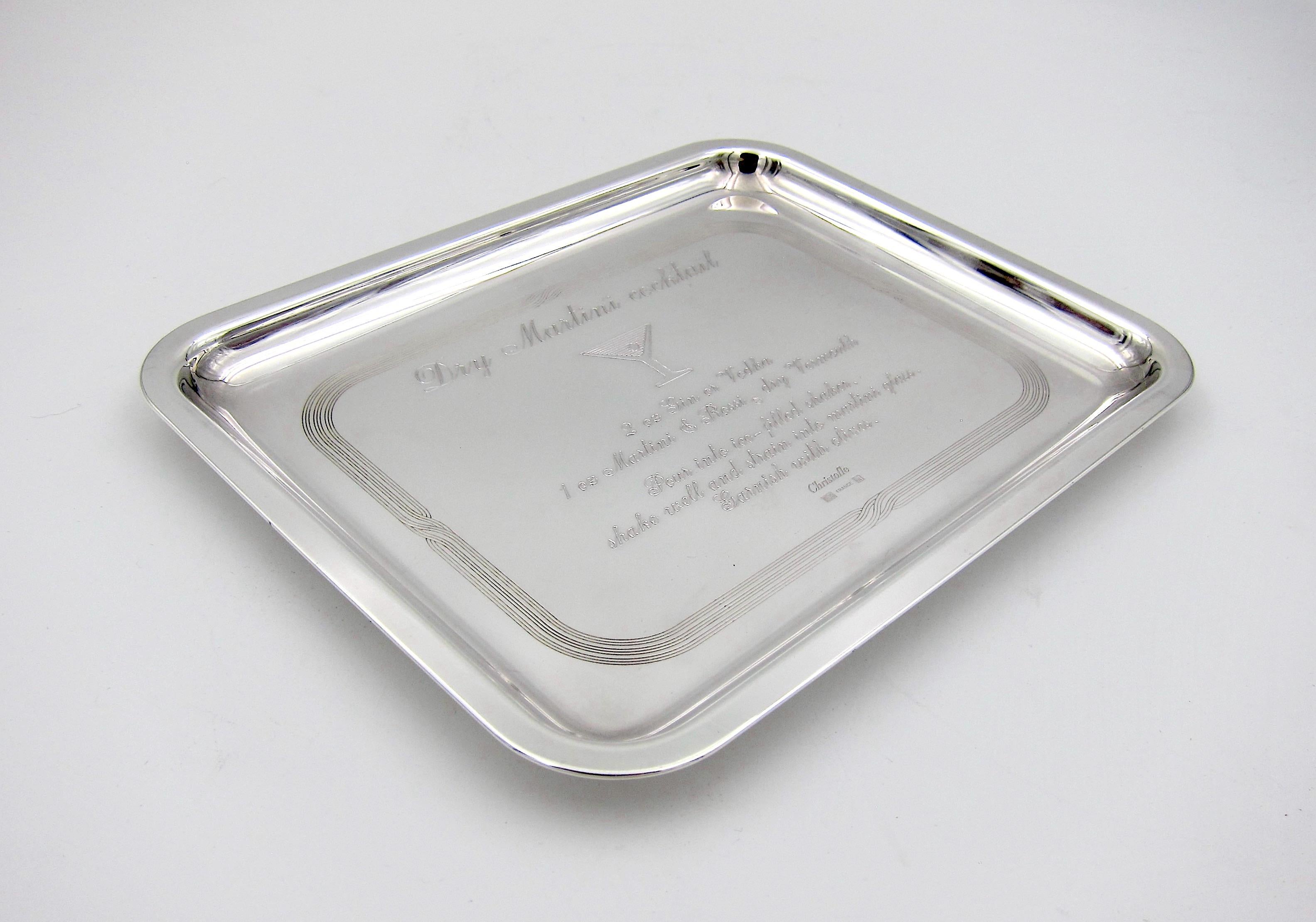 Christofle of Paris Bar Tray with Engraved Dry Martini Cocktail Recipe In Good Condition In Los Angeles, CA