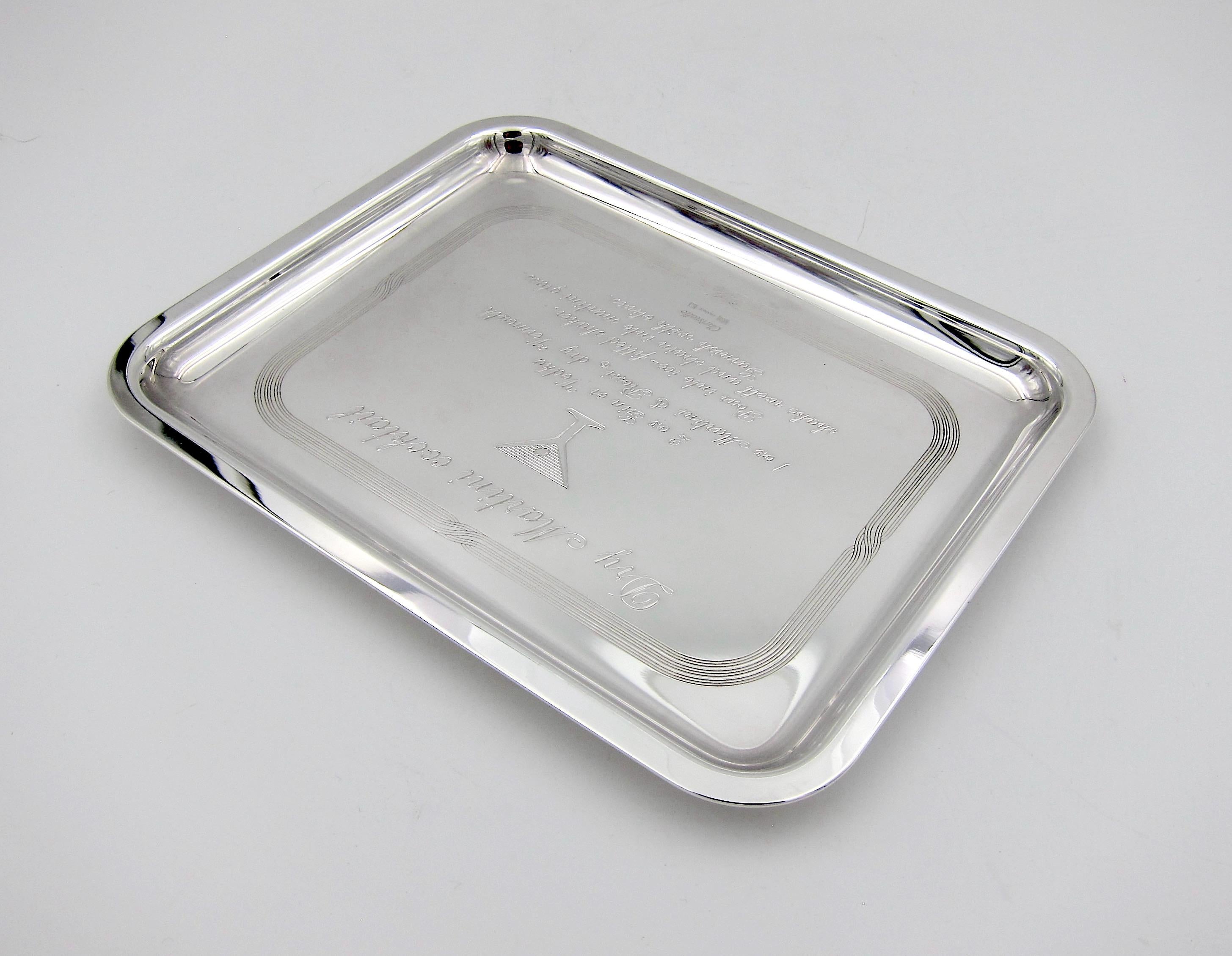 20th Century Christofle of Paris Bar Tray with Engraved Dry Martini Cocktail Recipe