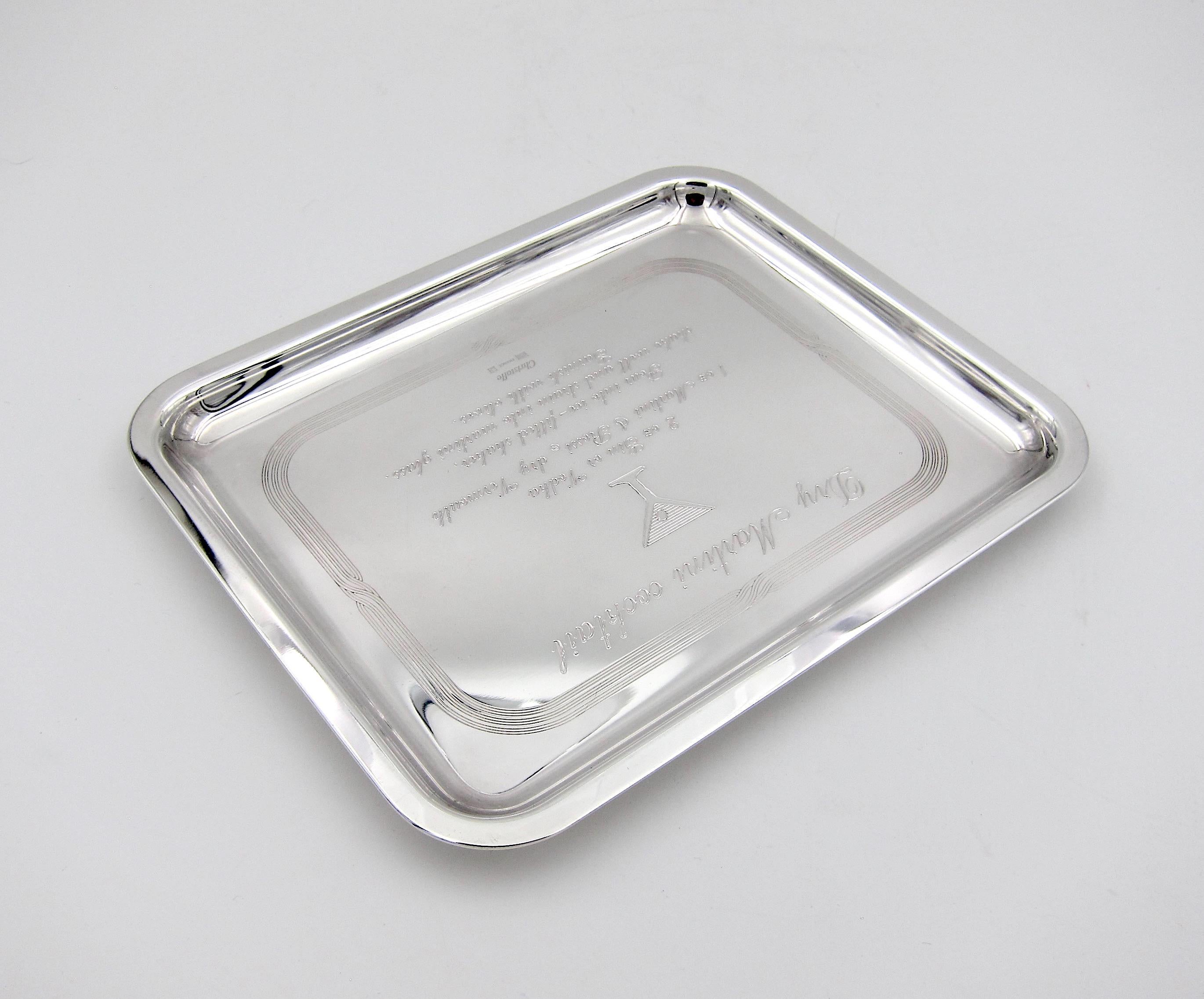 Silver Plate Christofle of Paris Bar Tray with Engraved Dry Martini Cocktail Recipe