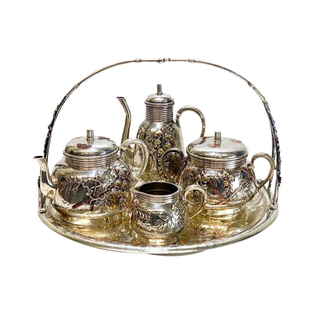 Christofle Orfevre French Silver and Mixed Metal Japonism Tea Set For Sale