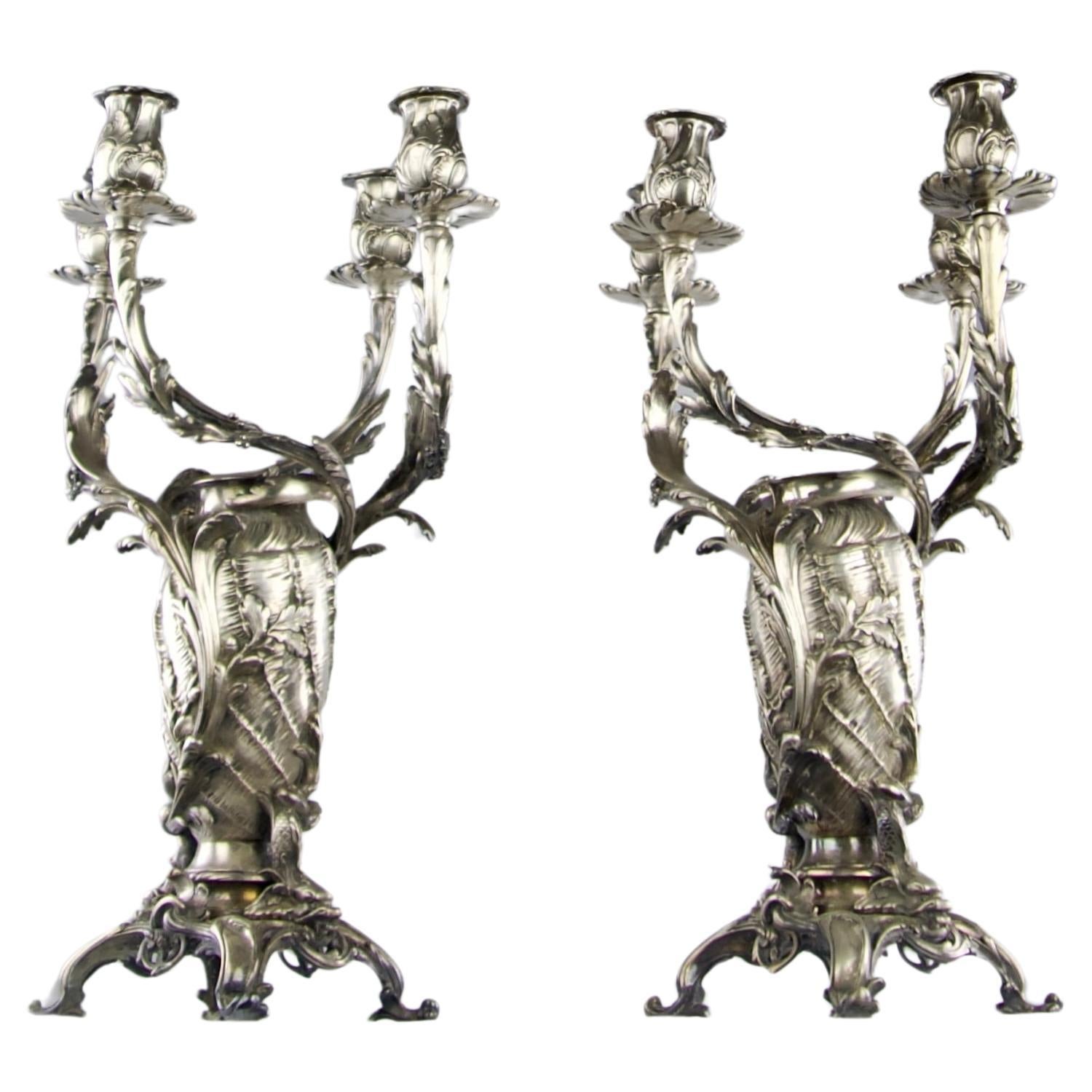 Christofle, Pair of Rocaille Candelabras, France 19th Century For Sale
