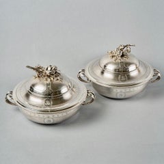 Christofle, Pair of Tureens Guilloche Sterling Silver Artichoke Handle