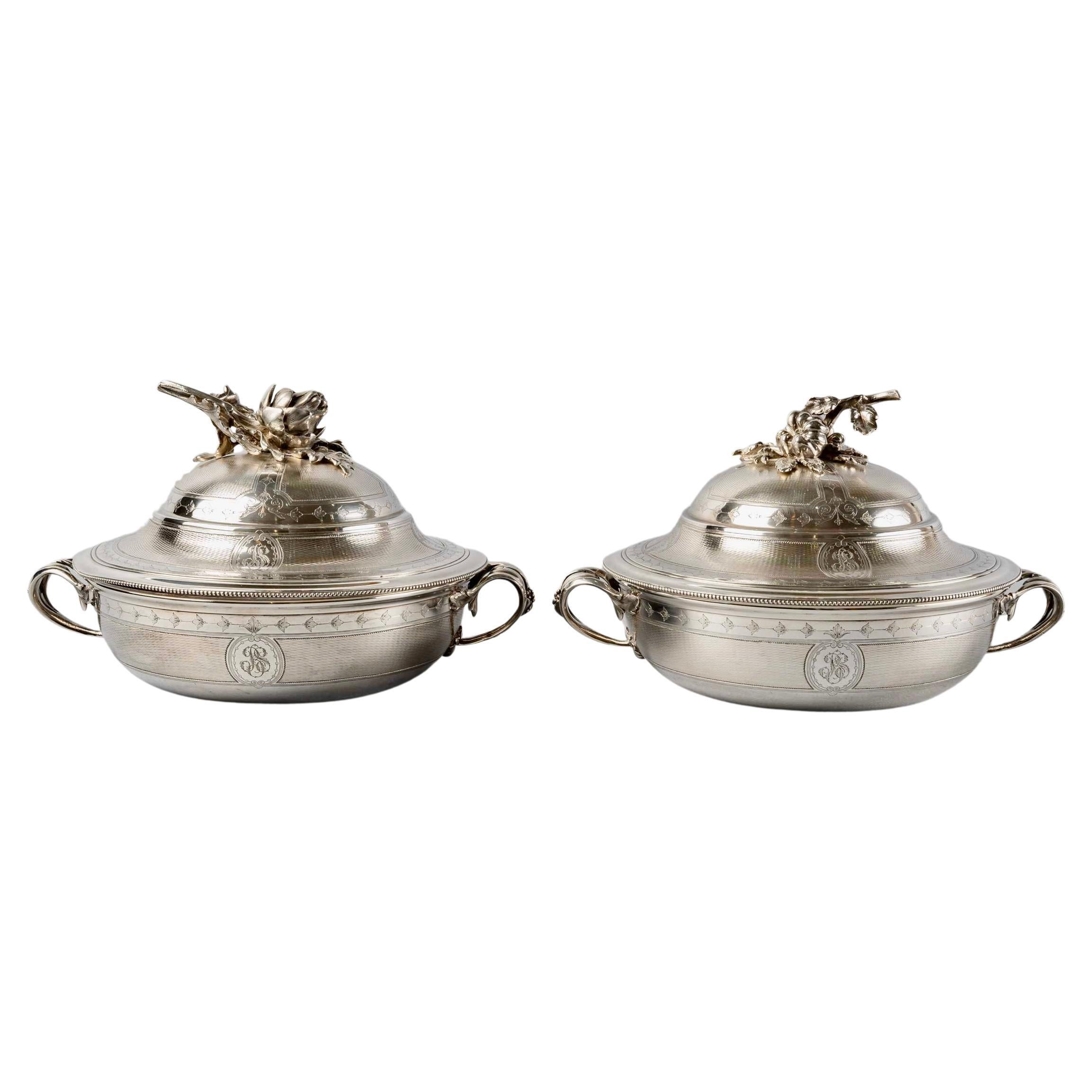 Christofle, Pair of Tureens Guilloche Sterling Silver Artichoke Handle