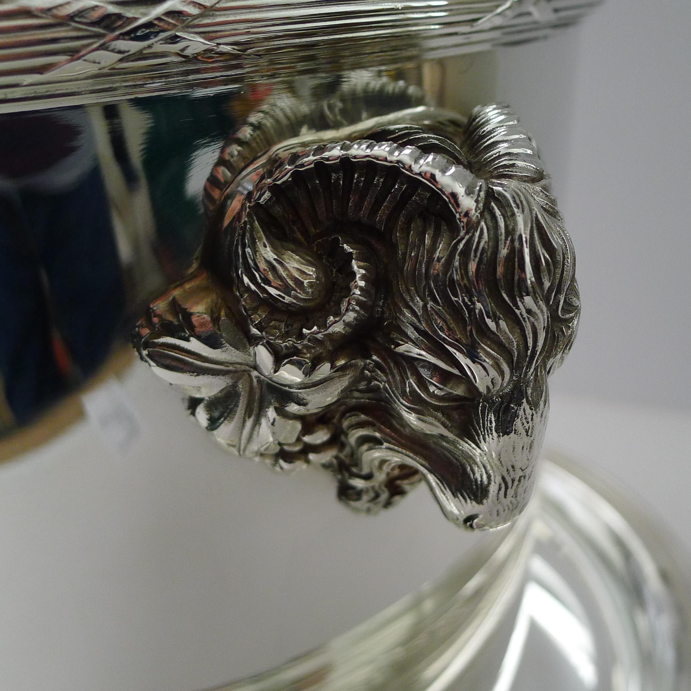 Silver Plate Christofle, Paris - Ram's Head Champagne Bucket and Drip Plate For Sale