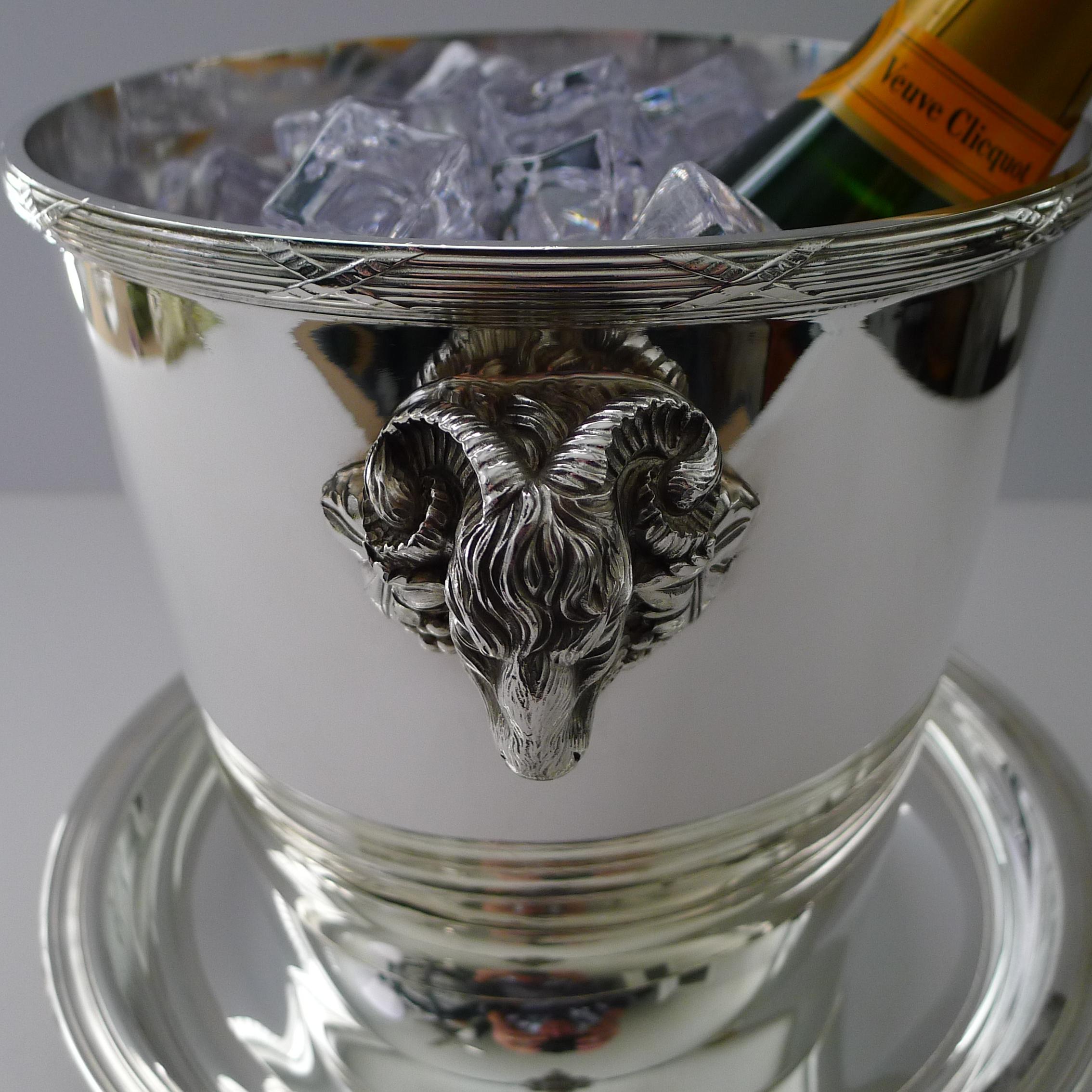 Christofle, Paris - Ram's Head Champagne Bucket and Drip Plate For Sale 1