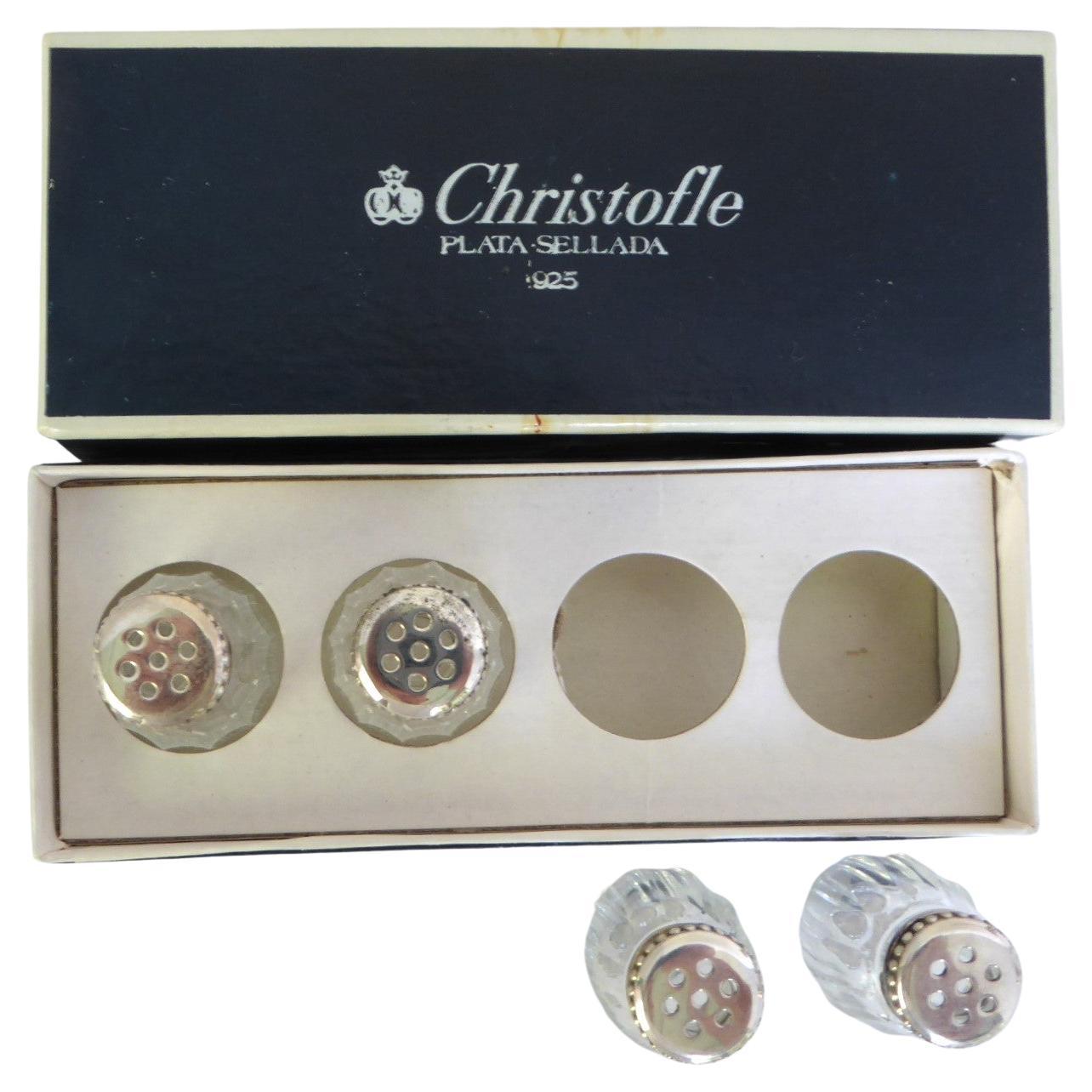 Christofle PERLES 4 Sets Sterling Silber & Glas Individuelles Salz & Pfeffer Frankreich (Hollywood Regency) im Angebot
