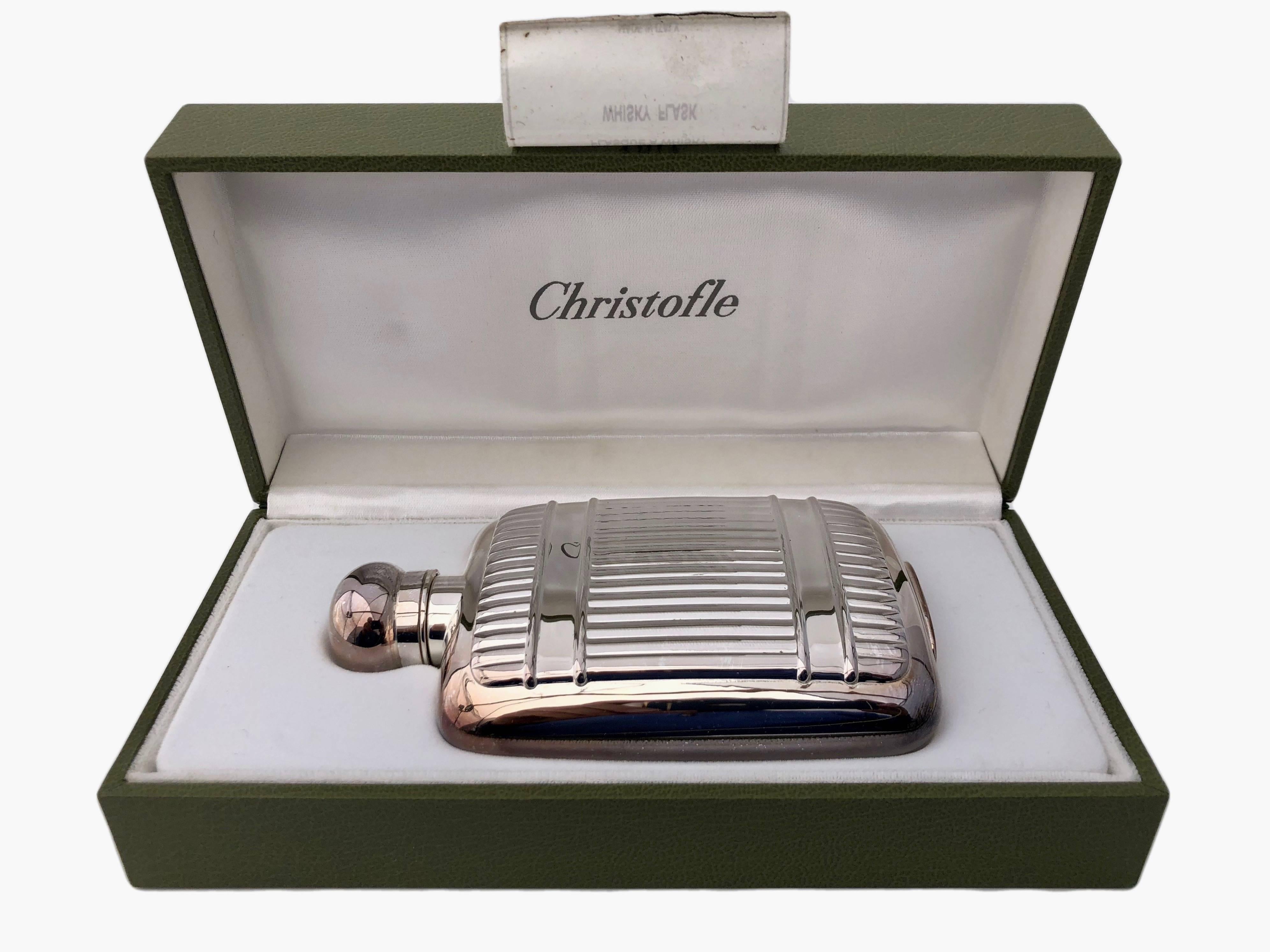 Christofle Plated Silver Whisky Flask, Model Aria, Late 1900s In Excellent Condition For Sale In Petaluma, CA